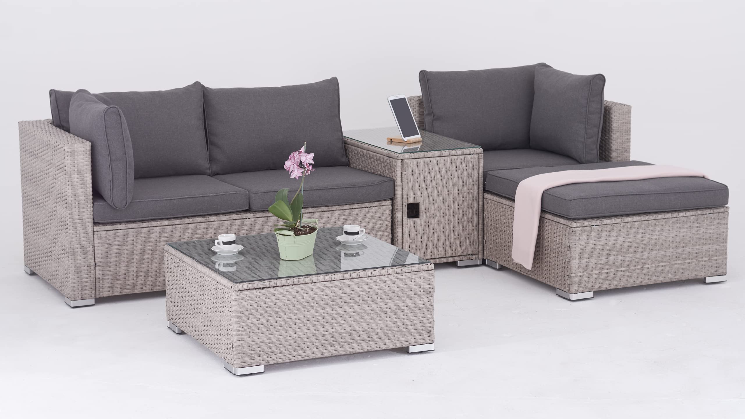 Rattan Polyrattan Lounge Sitzgruppe Garnitur Gartenmöbel aus 3 Sitzer Sofa, Hocker, Tisch mit Stauraum und Abstelltisch mit Glassplatte