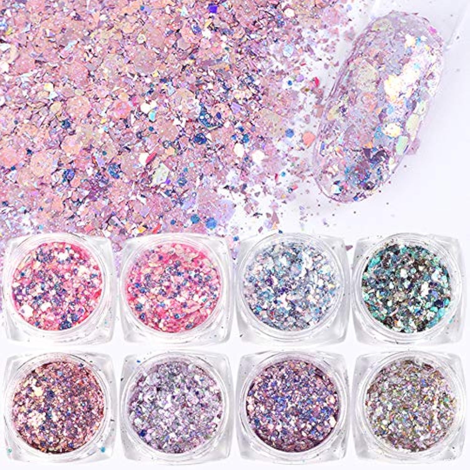 VOLODIA 8 Boxes/Set Holographic Nail Glitter Mermaid Powder Flakes Shiny Charms Hexagon Nail Art Pigment Dust Decoration Manicure