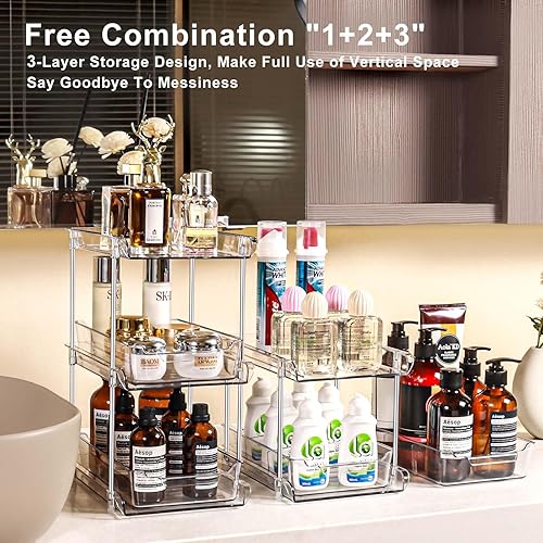 Miniatura 5 de foroyalife Paquete de 2 organizadores transparentes extraíbles para el hogar con 2 cajones de almacenamiento, organizadores deslizables multiusos y