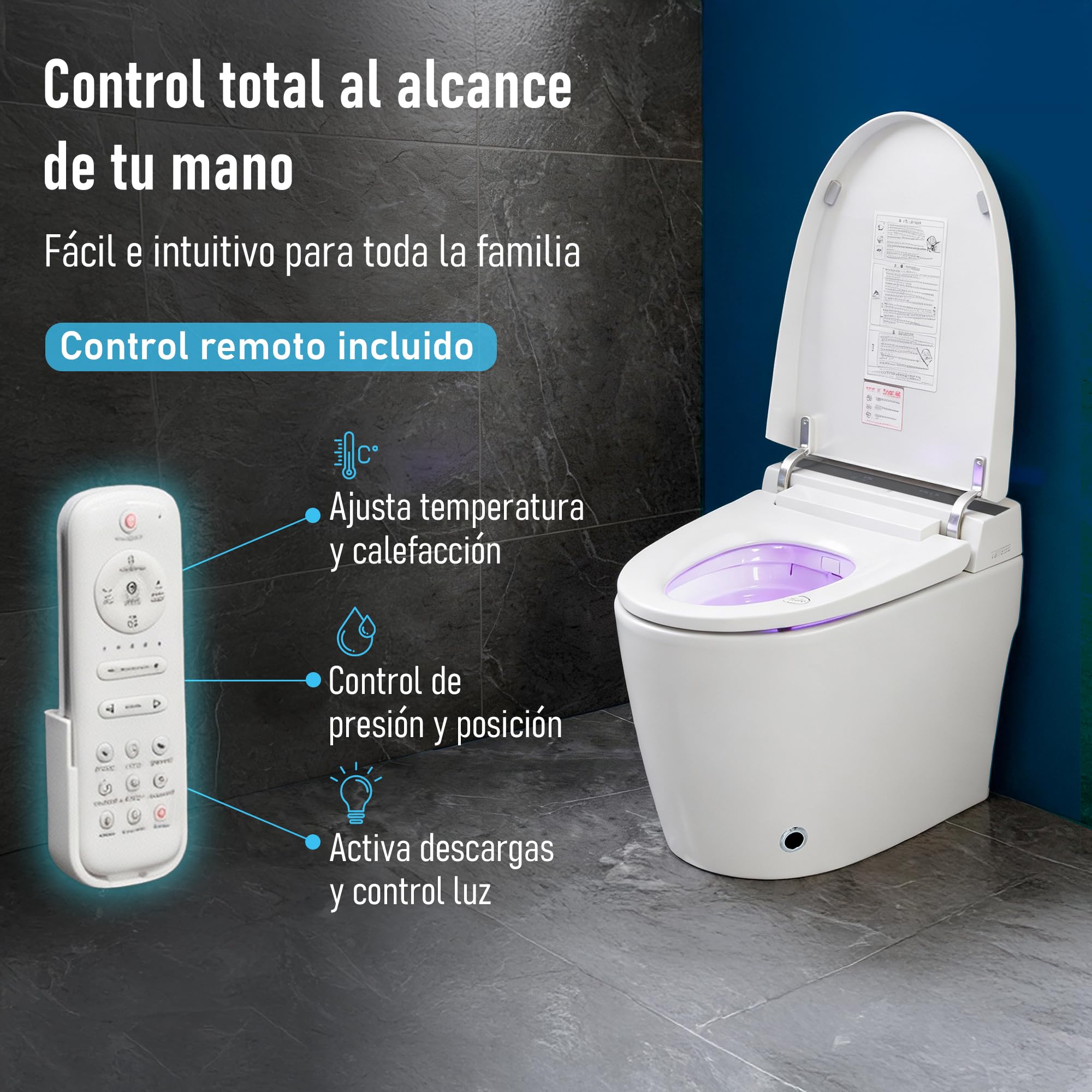 Inodoro Inteligente Estilo Japonés | 680x390x490 mm | WC con Bidet Integrado, Asiento Calefactable, Agua Caliente y Secado, Sensor, Control Remoto y Tapa Automática, Sin Depósito (Blanco | 1C)