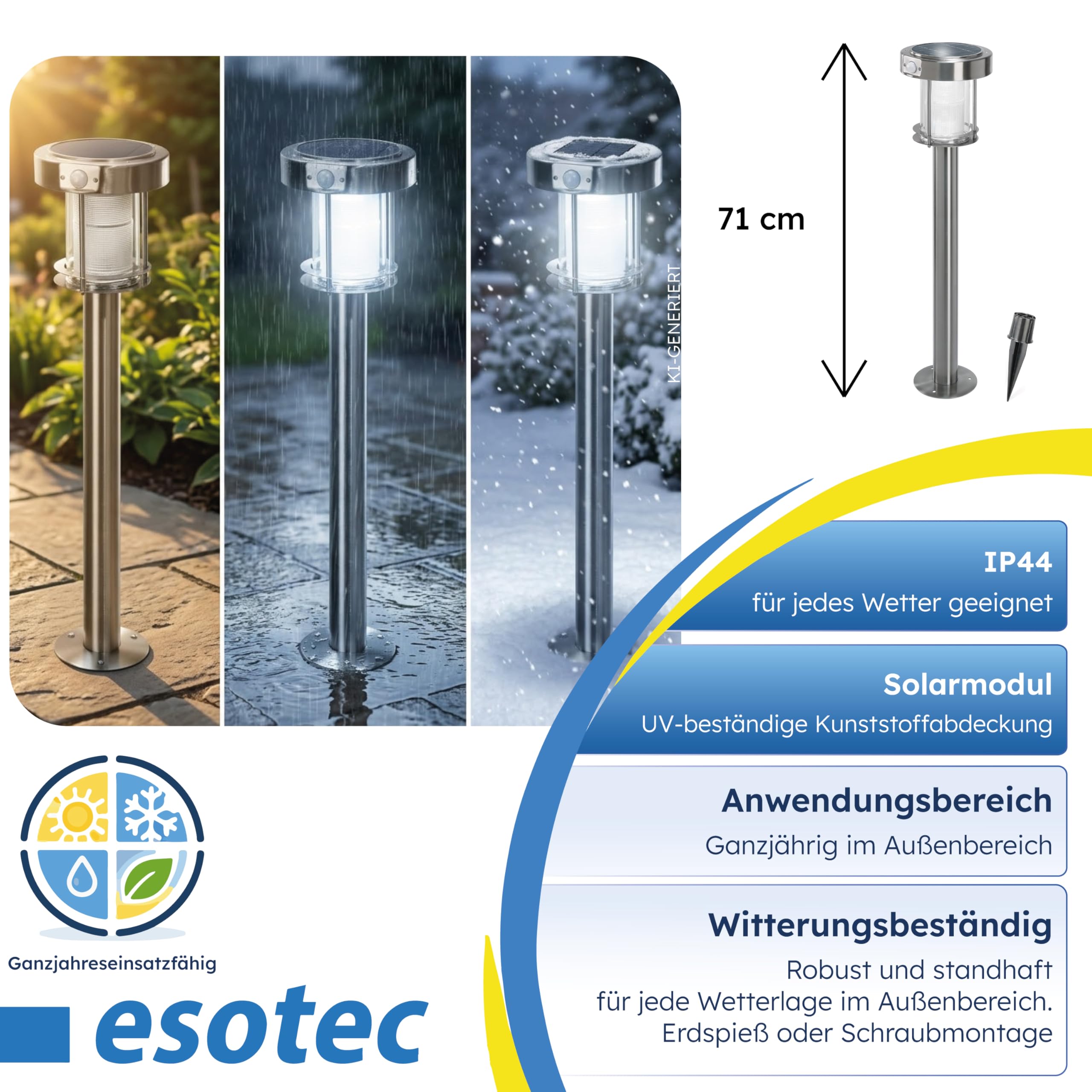 esotec Solar Wegeleuchte mit Bewegungsmelder Ancona, Gartenlampe Standleuchte für außen, DuoColor warmweiß kaltweiß, Edelstahl, H=71cm, IP44, 102534