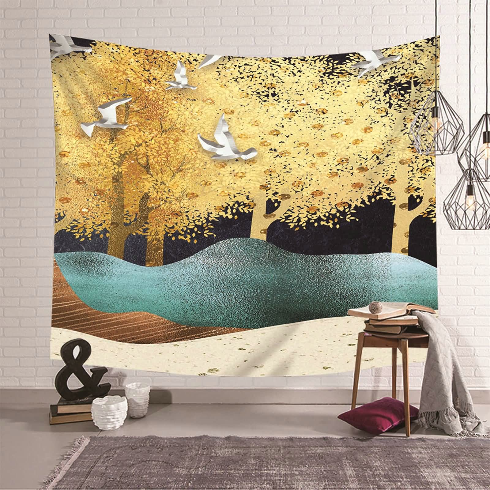 KnSam Tapiz de pared de bosque y pájaros, poliéster de 150 x 130 cm, amarillo y azul