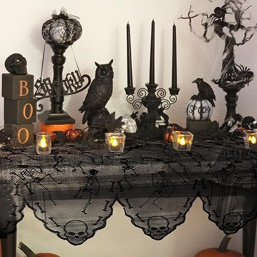 Miniatura 6 de AerWo Cubierta de bufanda de encaje negro para chimenea, decoración de Halloween para interiores, decoración de cortina de ventana de puerta,