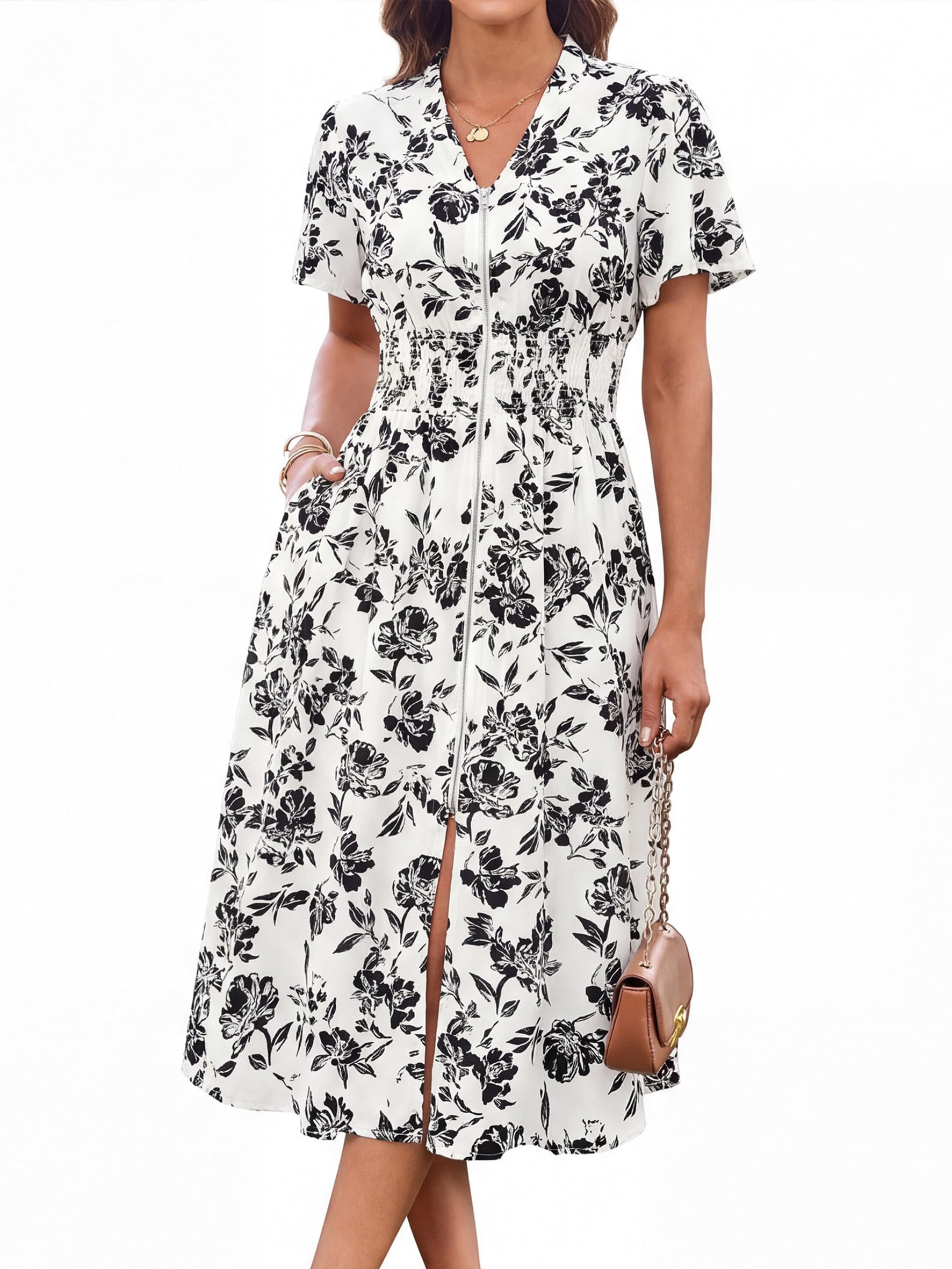 GRACE KARIN Womens Summer Maxi Floral Dress Casual 2026 Long Zipper Dresses Boho Flowy Beach Vacation Sundress with Pockets Black White Floral L