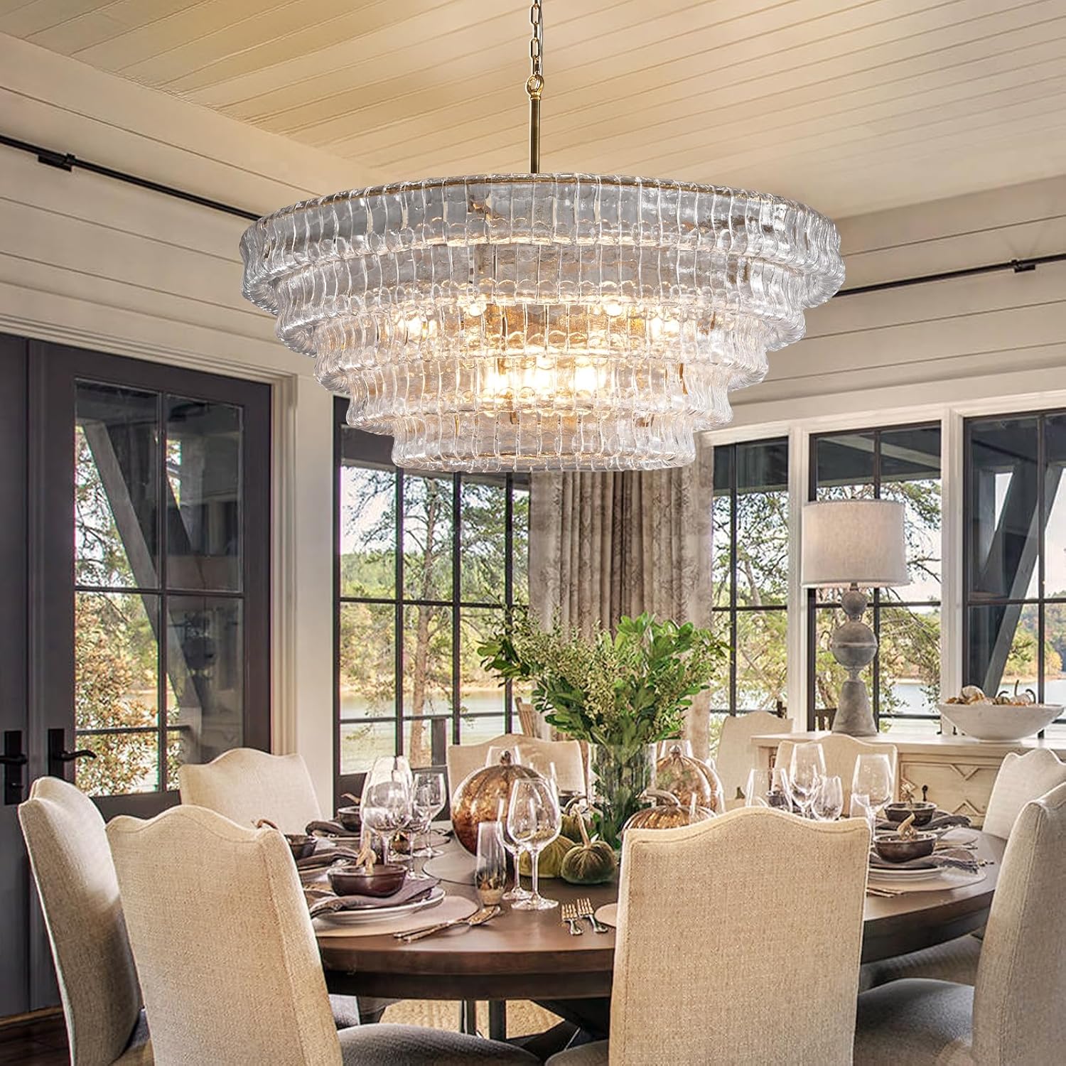 Clear Glass 47 inch Round Chandelier for Dining Room, Modern Drum Pendant Light Fixture with Crystal Glass, Gold Large Ceiling Light Perfect for Living Room, Bedroom