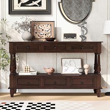 ZSQ Solid Wood Console Table with 6 Drawers and Shelf, 54 Inch 2-Tier Entryway Foyer Table for Living Room, Hallway, Vintage Style Espresso