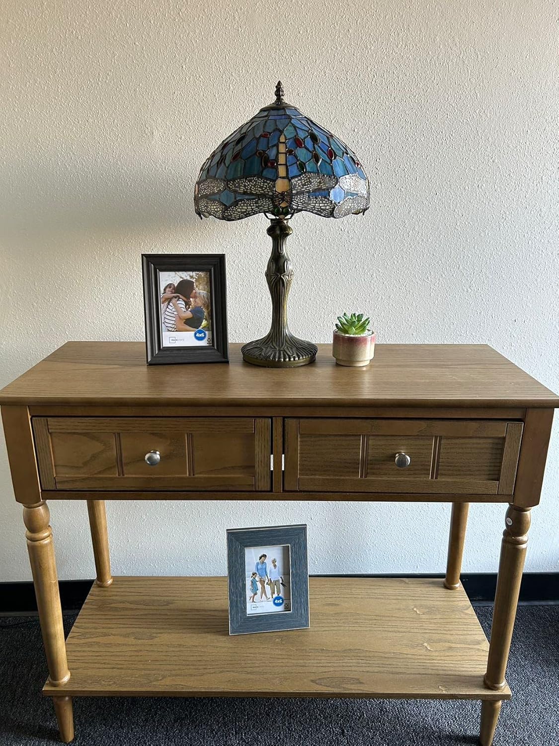 Tiffany Table Lamp Blue Stained Glass Dragonfly LED Bulb Included for Living Room Bedroom Bedside 12" W*12" D*19" H