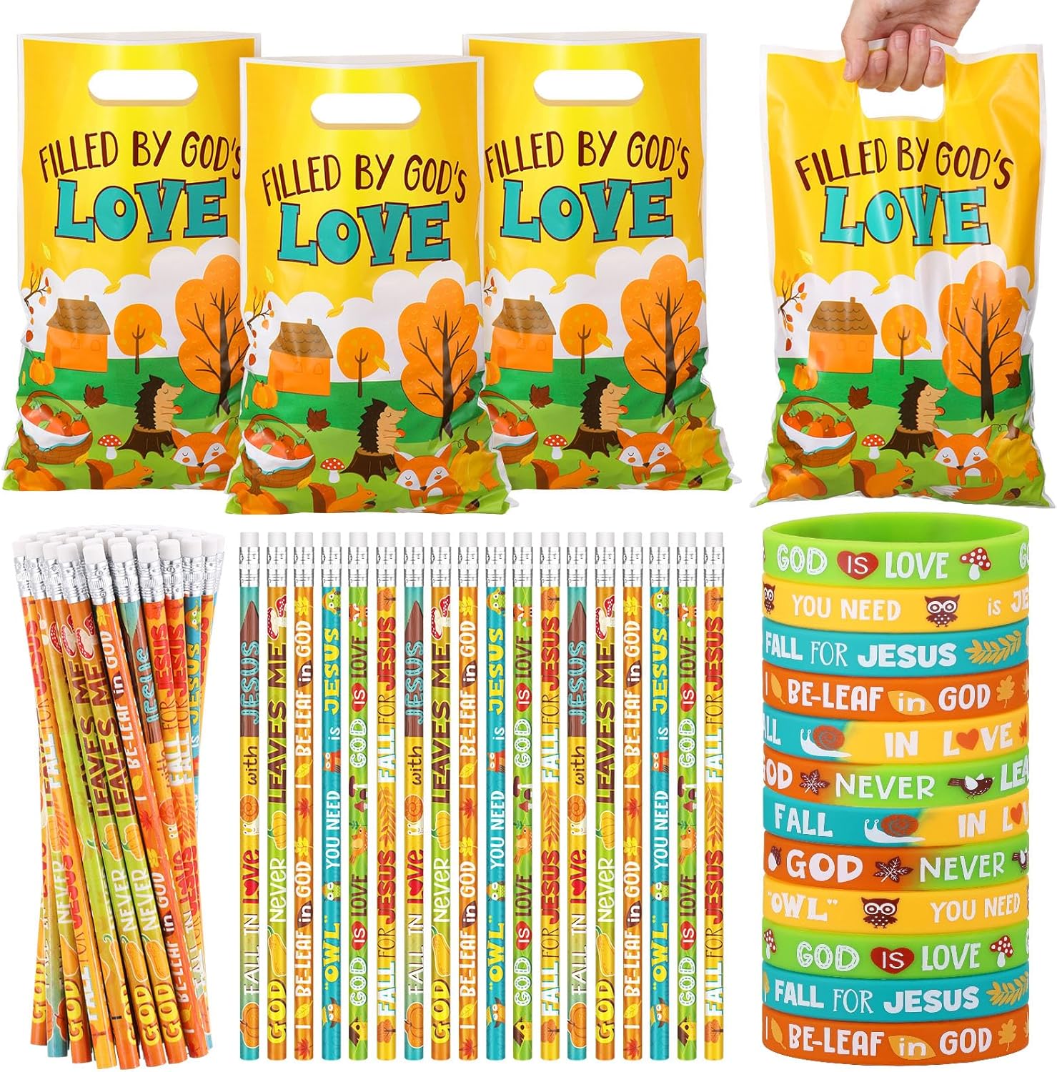 Ireer 180 Pcs/ 60 Sets Fall Thanksgiving Religious Party Favors, Includes 60 Autumn Plastic Goody Gift Bags 60 Christian Pencils 60 Bible Verse Rubber Wristband for VBS Church Sunday School Supplies