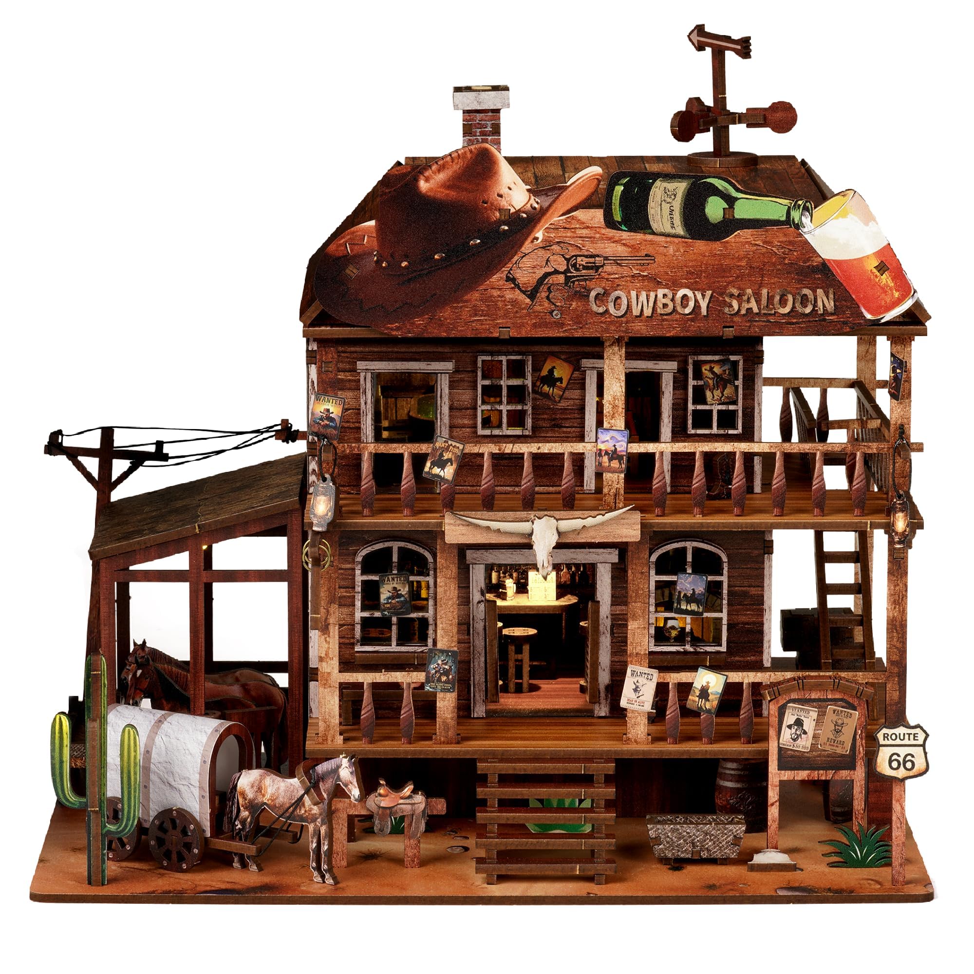NookMaster Book Nook Kit – 3D Wooden Puzzle with Interactive LED Lights, DIY Miniature Decor for Adults & Teens, Enchanting Storytelling Bookshelf Insert（Cowboy Saloon）
