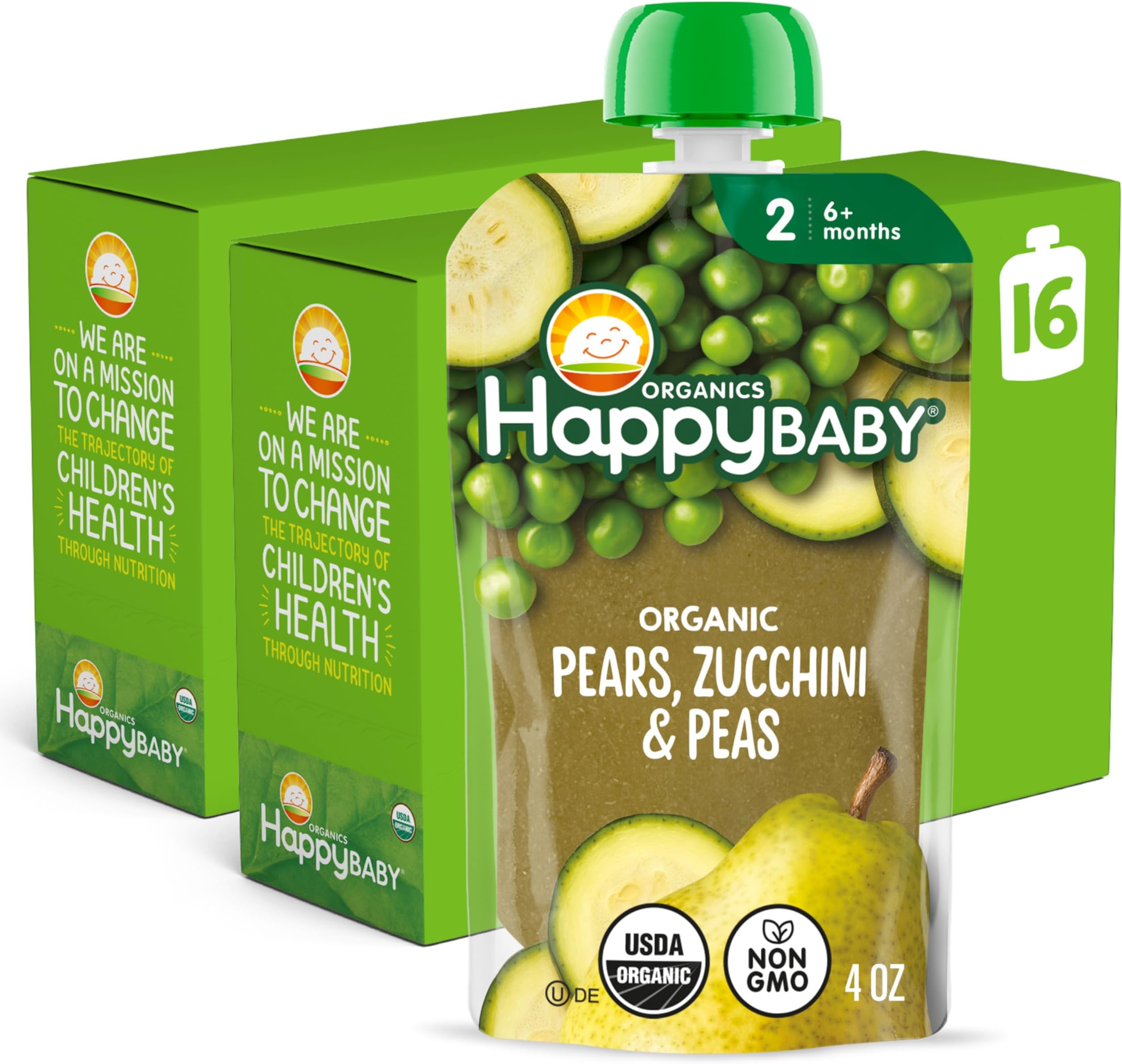 HAPPY BABY Clearly Crafted, Stage 2, Pears, Zucchini & Peas, 4oz Pouch (16)