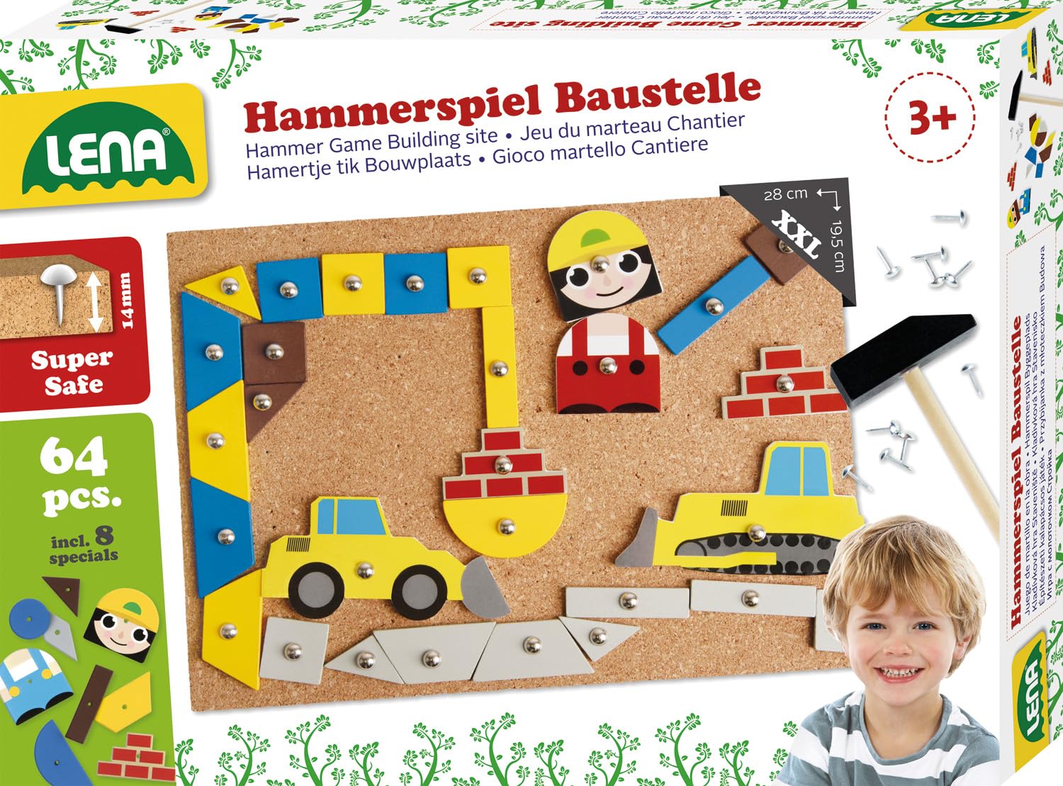 Lena 65828 Hammerspiel, Nagelspiel mit 64 bunten 8 Baustellen Teilen, Grundplatte aus Kork ca. 28 x 19,5 cm, Hammer und Nägel, Klopfspiel für Kinder ab 3 Jahre, Hämmerchenspiel, Mehrfarbig