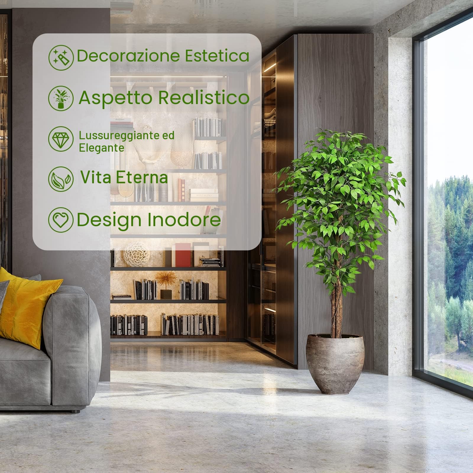 Ficus Artificiale Pianta 180cm alta, Piante Finte da Interno Grandi con Tronchi Natural Ha 1300 Foglie, Albero Artificiale Interni Per Soggiorno Ufficio Giardino Dec