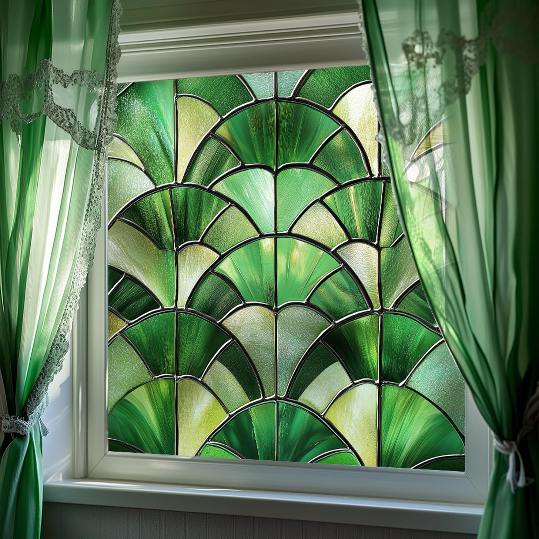 Pastoralist Green 6Pcs Stained Glass Window Film, 20X20 Inch Sun Blocking Window Privacy Film, Static Cling Decorative Stained Glass Stickers For Home Office Kitchen Bathroom| Cling