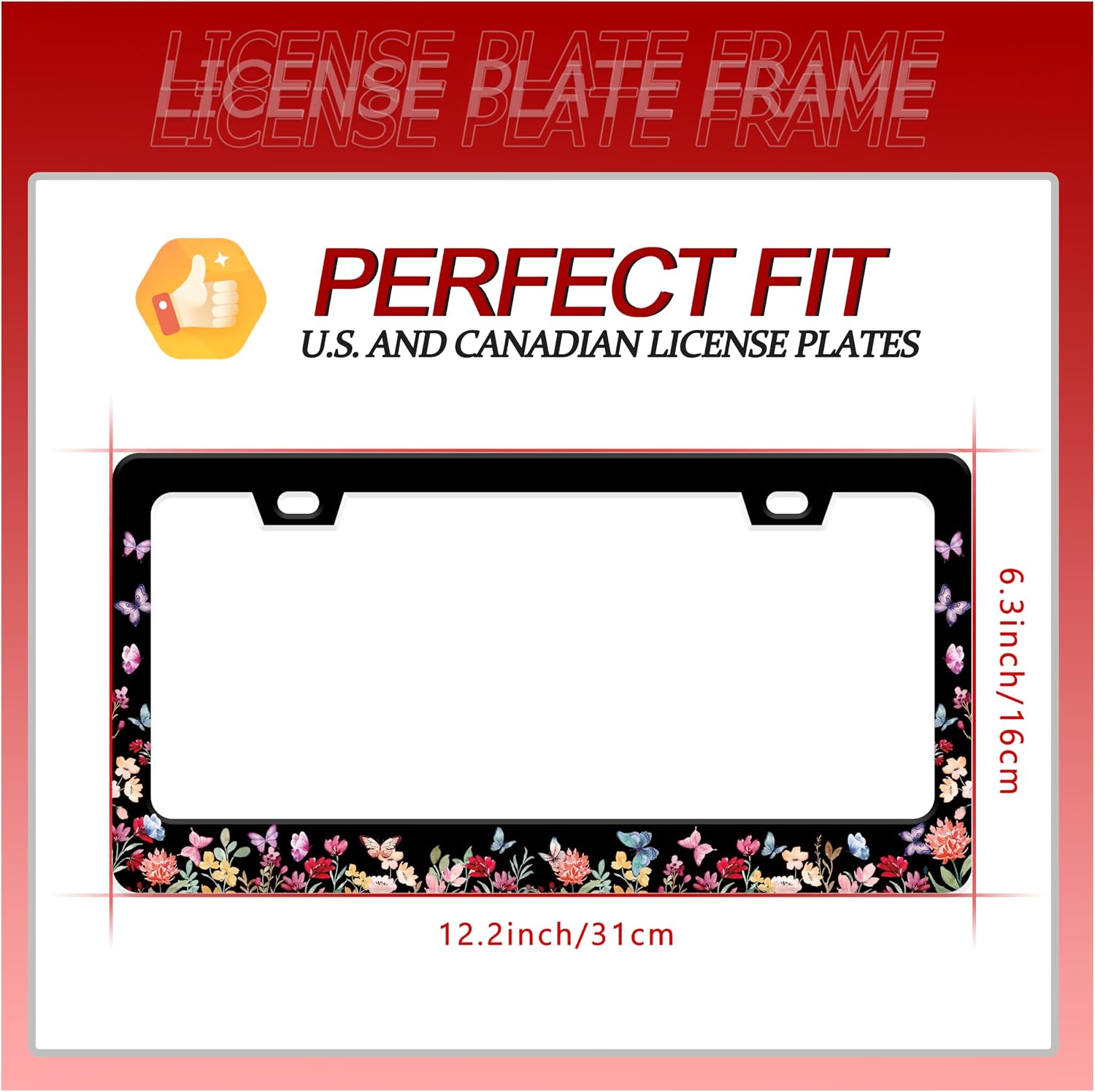 2Pcs Butterfly Flower License Plate Frame Forest Flower Stainless Steel License Plate Frame Auto Parts Decoration with Screws 2 Holes License Plate Holder for Men Women 12x6 Inch
