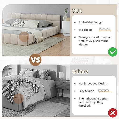 Miniatura 6 de Base de cama tapizada tamaño California King con tela de felpilla gruesa, cama de plataforma con cabecero copetudo, marco de madera maciza, diseño