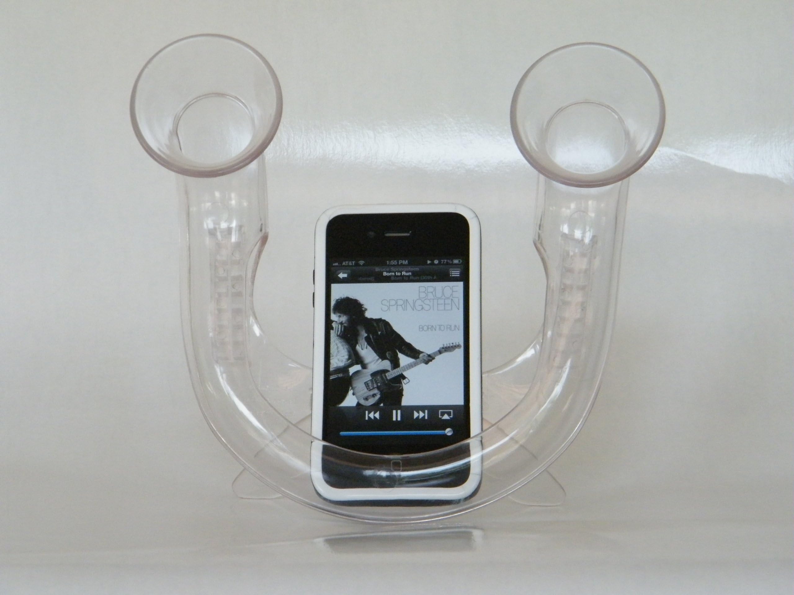 Non-powered Amplifier for ANY Smart Phone or Mp3 Player - CLEAR. Includes Stand; also Mounts on Walls.