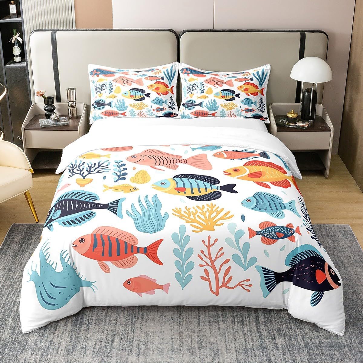 Feelyou Boys Girls Ocean Fish Bedding Set Full Size, Sealife Duvet Cover 100% Cotton Kids Cute Cartoon Fish Comforter Cover Nature Marine Animal Teens Bedspread Cover Bed Set with 2 Pillow Case