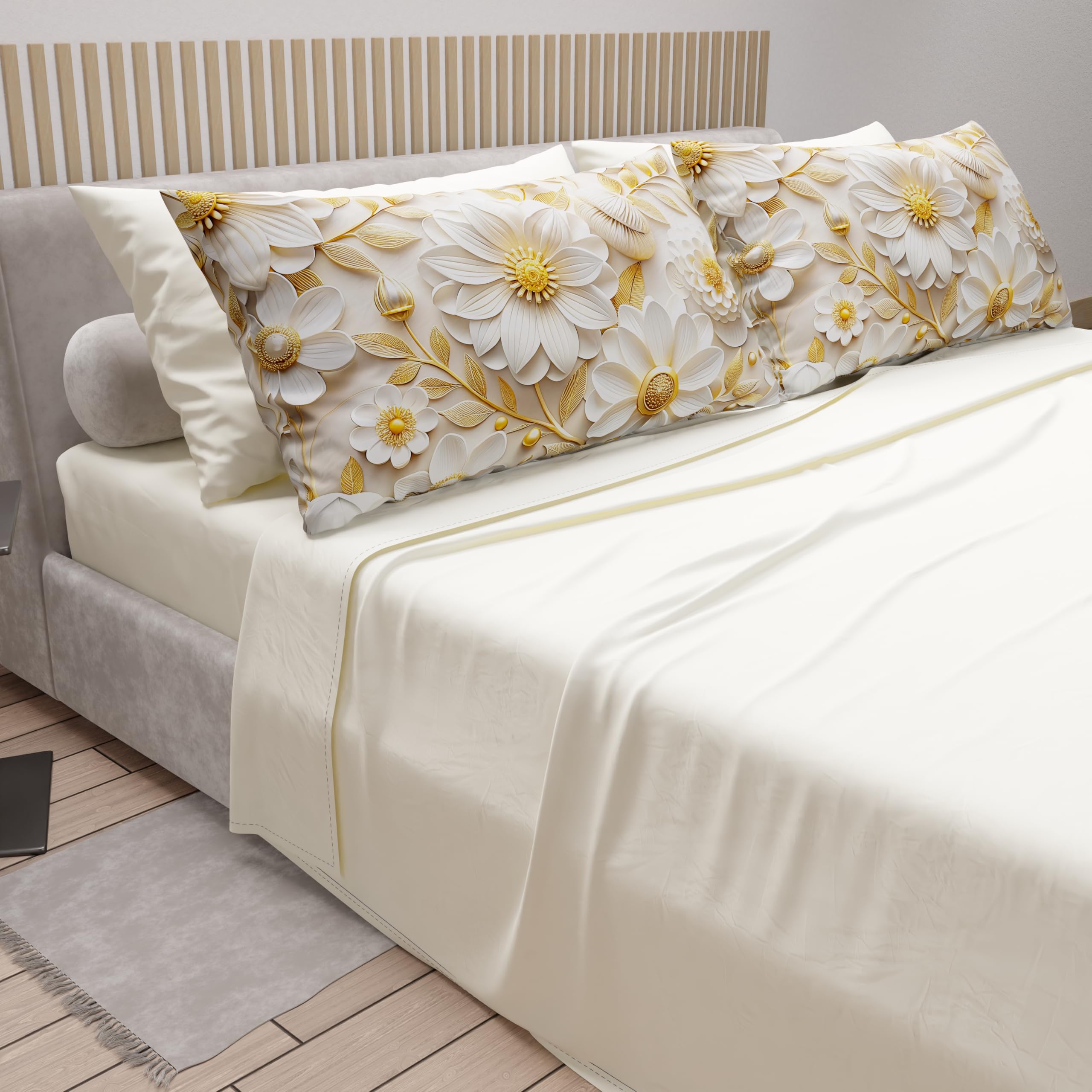 PETTI Artigiani Italiani - Bettwäsche aus Baumwolle mit Kissenbezügen mit Digitaldruck, für Doppelbett, Maxi, komplettes Bettlaken Oben und unten mit Ecken, Blumenmuster 05 13 Creme, 100% Made in