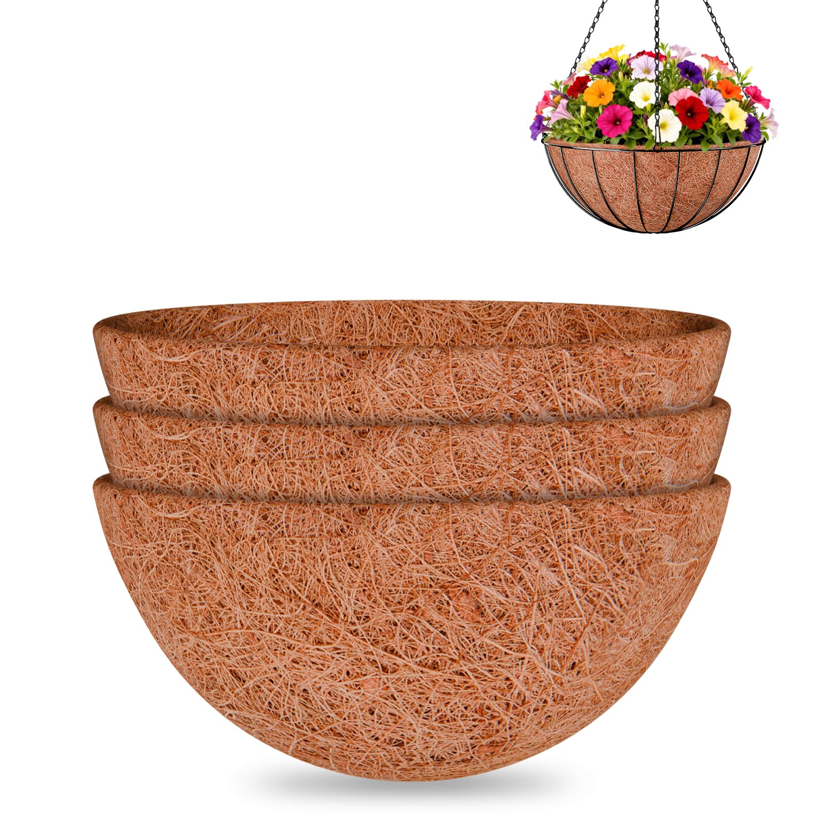 Halatool 3PCS 16 Inch Coco Liner Round Coco Coir Hanging Basket Liners 100% Natural Coconut Liners for Planters Coconut Basket Liners for Flowers Vegetables Indoor Outdoor Plants