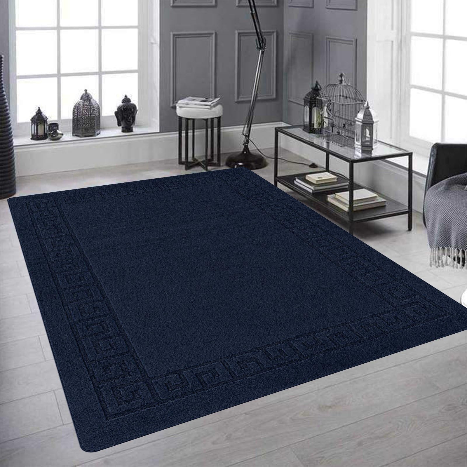 renoazul® Non Slip Rugs Living Room - 160 x 230 cm Thin Washable Rugs Carpet For Bedroom And Office 5 ft 3 in By 7 ft 6.5 in (Gel Back Rocco Rug - Navy) — image 1