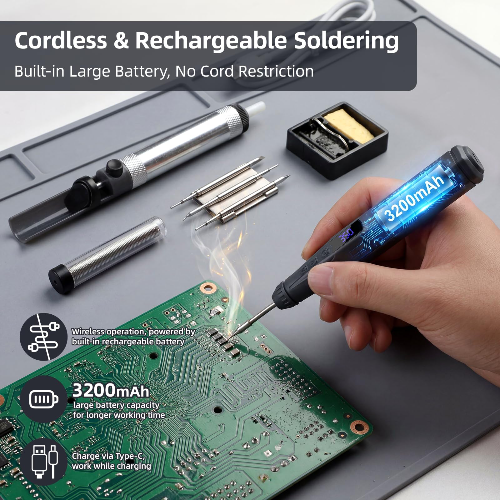 SMOOL Soldador Inalámbrico 12W, Calentamiento 8s, Batería 3200mAh, Temp. 180-450℃ LCD PID, Reposo Automático, 3 Puntas C210 para Reparación Electrónica y Bricolaje