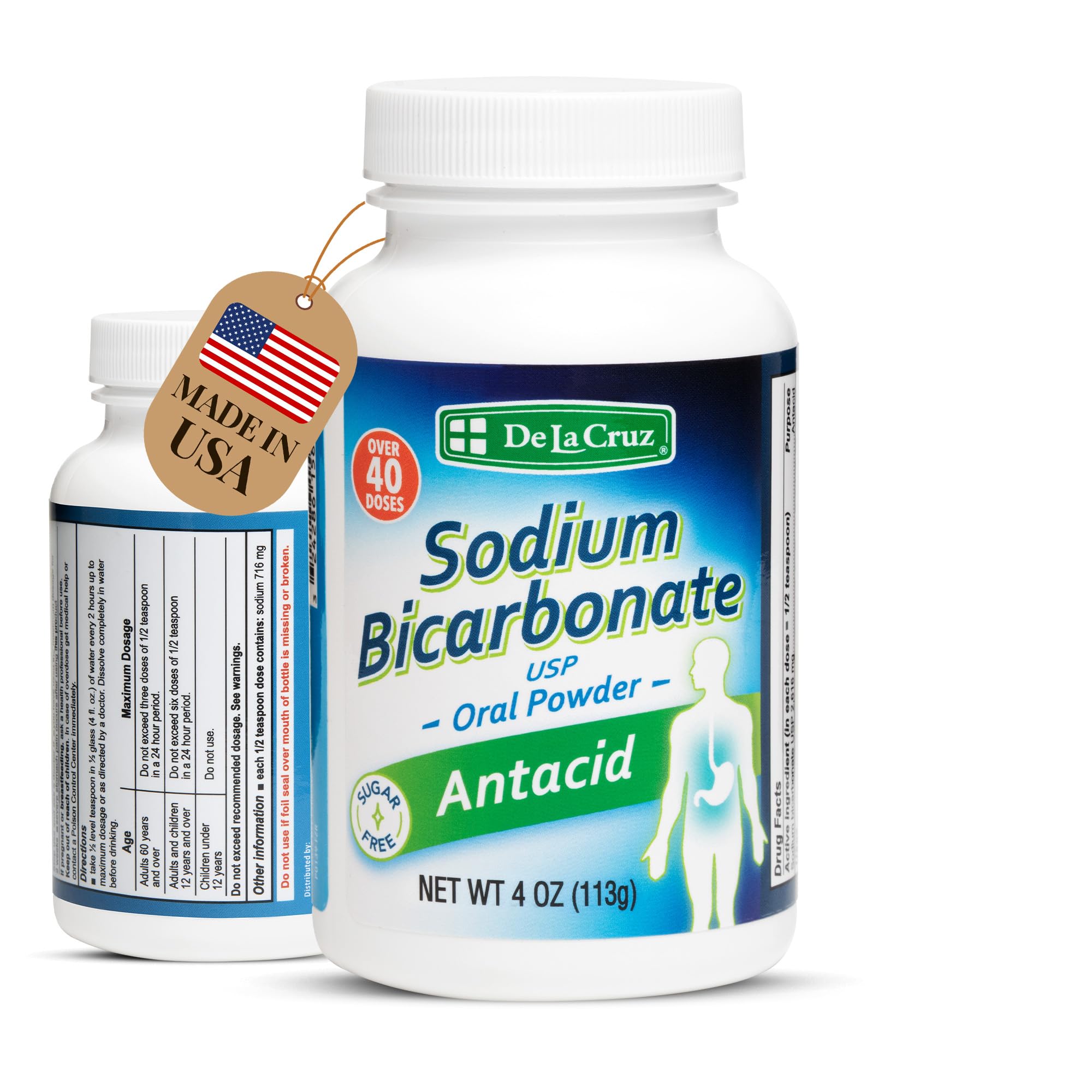 De La Cruz Pure Sodium Bicarbonate - USP Grade Bicarbonate of Soda – 100% Pure Baking Soda – Aluminum Free Antacid Powder for Heartburn & Indigestion - Packed in USA, 4 OZ.