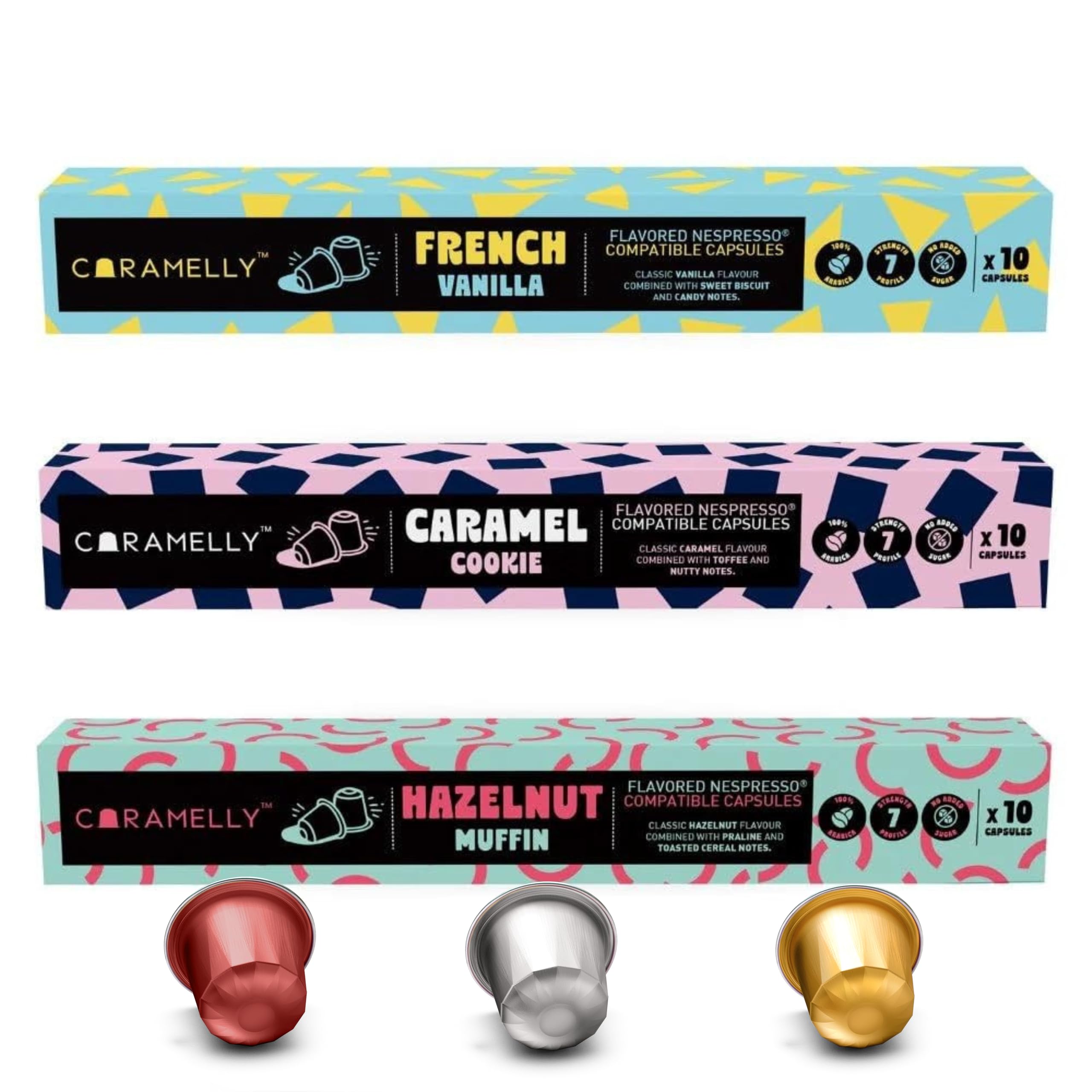 Caramelly Coffee Pods Barista Pack | Nespresso Compatible | 30 Aluminium Flavoured Coffee Capsules | French Vanilla, Hazelnut, Caramel | No Added Sugar | AAA Specialty Coffee