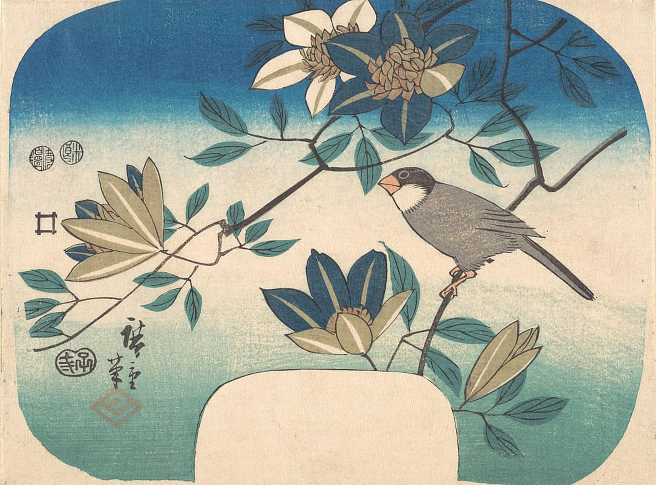 POSTERIIk Famous Animal Posters Vintage Picture Clematis and Bird by Ando Hiroshige Modern Wall Decor for Home Decor 60x90cm