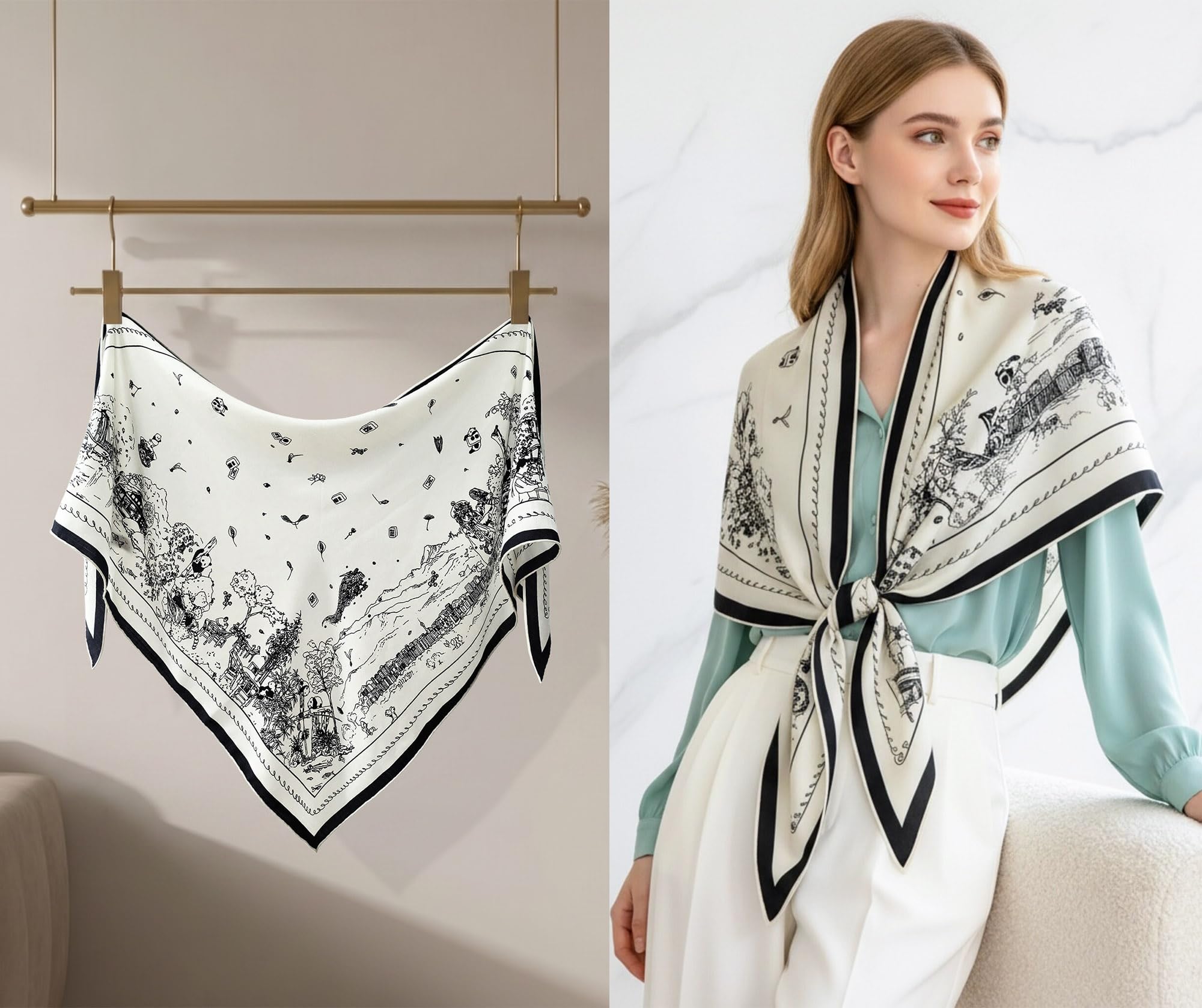 HangErFeng Damski jedwabny szalik wełniany syczuańska panda chinoiserie chusta szal 1673
