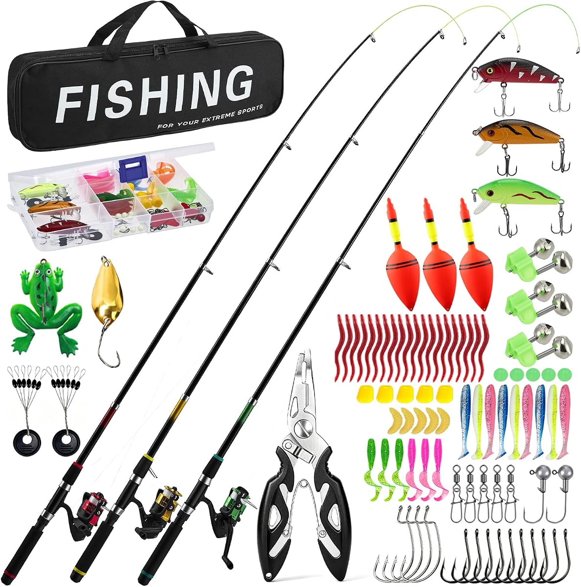 Fishing Pole Kit, 3PCS Telescopic Fishing Rod and Reel Combo with Spinning Reel, Line, Bionic Bait, Hooks and Carrier Bag for Saltwater and Freshwater Fishing, Gifts for Men Beginner Junior Anglers