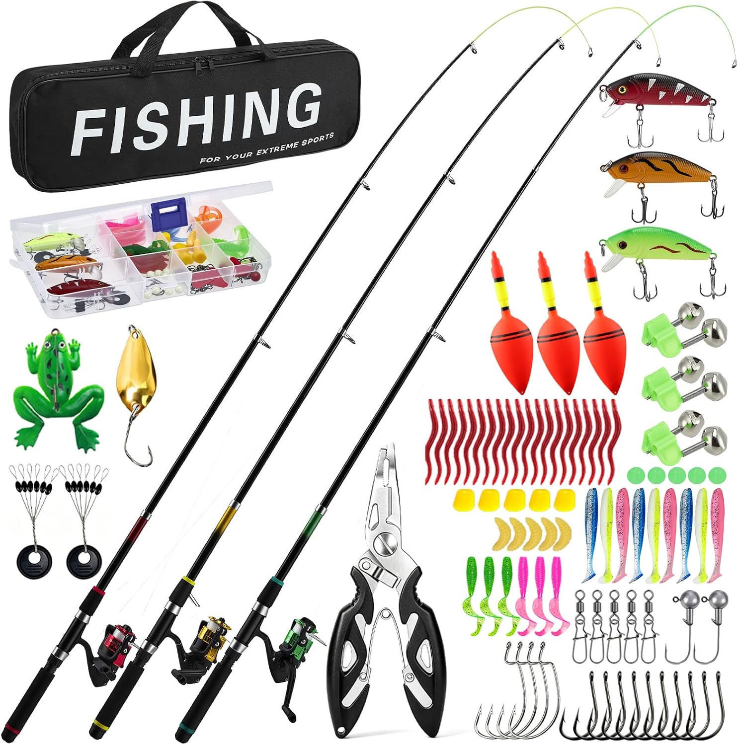 Fishing Pole Kit, 3PCS Telescopic Fishing Rod and Reel Combo with Spinning Reel, Line, Bionic Bait, Hooks and Carrier Bag for Saltwater and Freshwater Fishing, Gifts for Men Beginner Junior Anglers