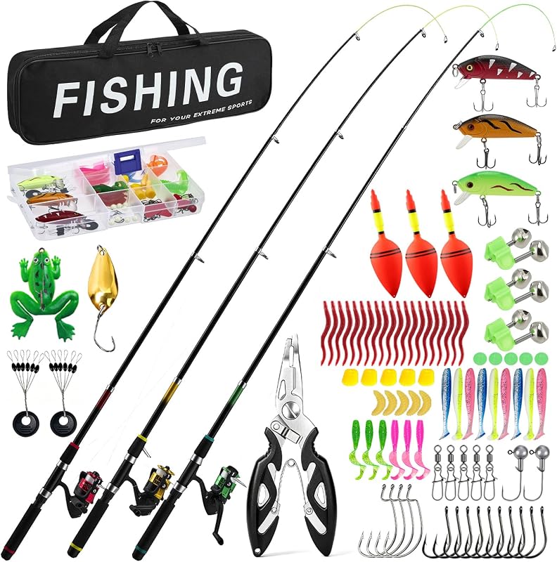 Kit de caña de pescar, combinación de caña de pescar telescópica y carrete de 3 PIEZAS con carrete giratorio, línea, cebo biónico, ganchos y bolsa de transporte para pesca en agua salada y agua dulce, regalos para hombres principiantes, pescadores junior