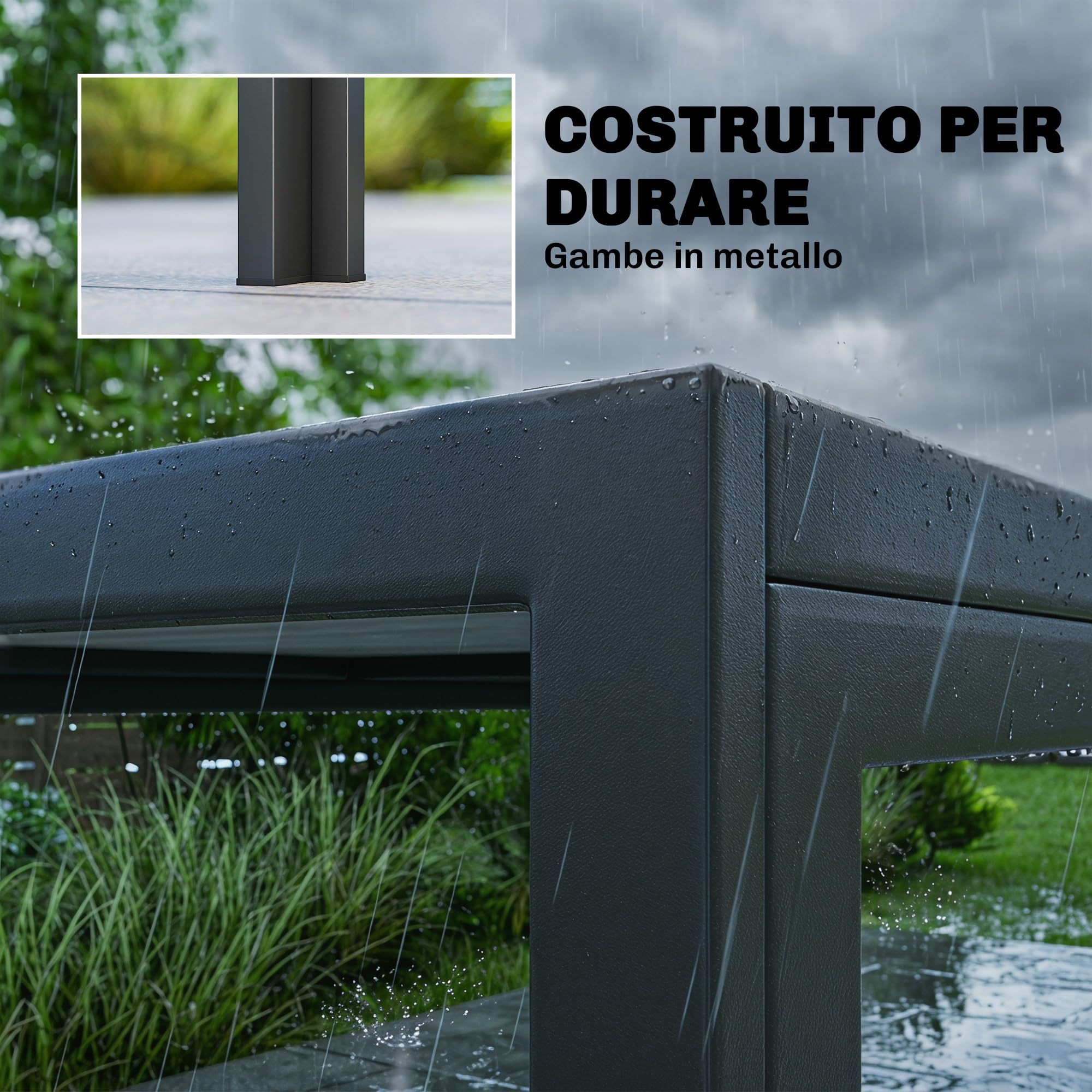 Outsunny Tavolo da Giardino con Piano Effetto Legno in Plastica 150x80 cm per 6 Persone, Tavola da Pranzo da Esterno Rettangolare, Gambe in Acciaio, per Patio, Terrazzo, Balcone, Grigio