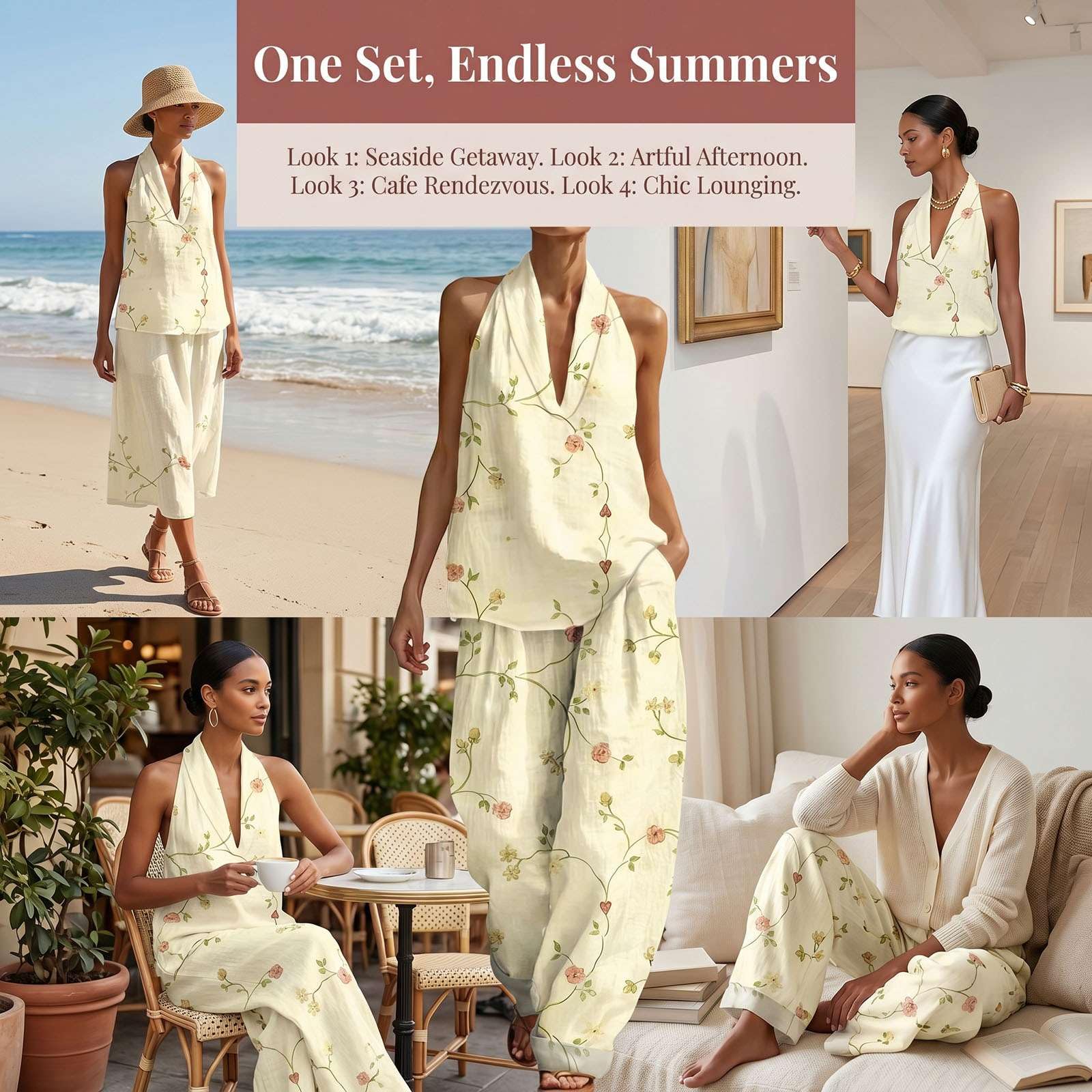 Ensemble Femmes Lin 2 Pièces Chic et Elégant - Haut Col V sans Manches et Pantalon Ample Fluide avec Poches Ensemble Imprimé Décontractée Été Bohème pour Vacances Plage