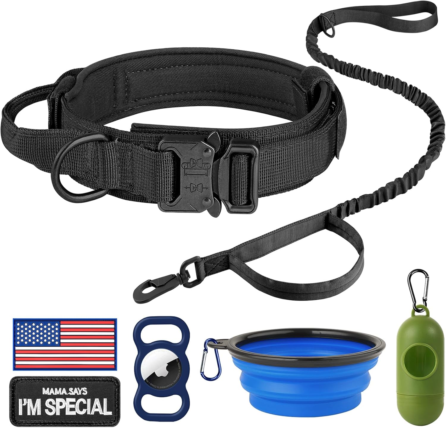 HYDEME Tactical Dog Collar Adjustable Nylon Collar with Control Handle and Heavy Metal Buckle for Medium and Large Dogs, with Patches&Airtags Case&Poop Bag Dispenser&Portable Bowl. (XL, Black-Set)