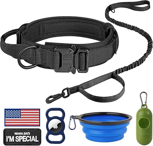 Vista 60 de HYDEME Collar táctico ajustable para perro, collar de nailon de entrenamiento militar con mango de control y hebilla de metal pesado para perros