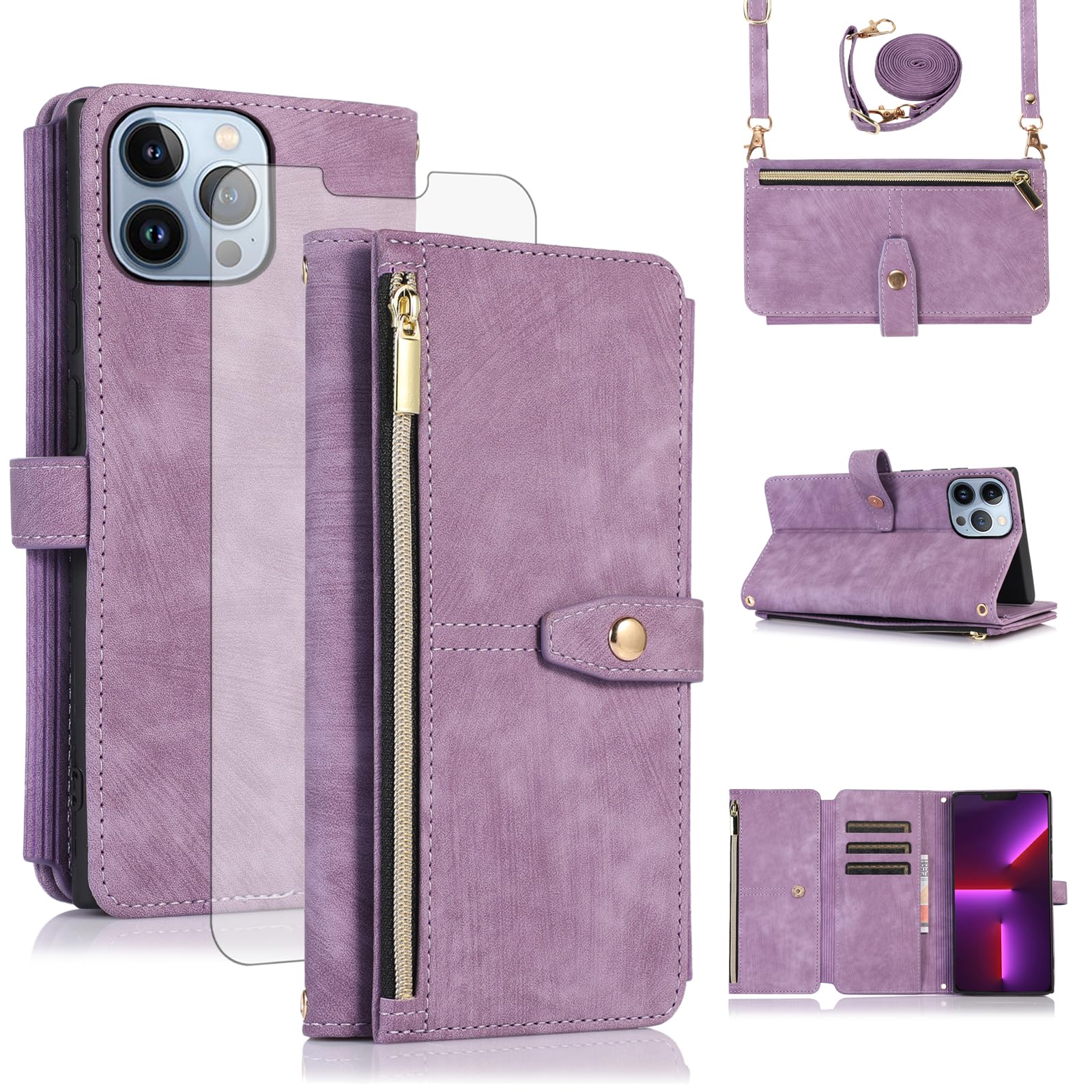 Asuwish Handyhülle für iPhone 13 Pro Max Hülle mit Band Folie Schutzfolie Kartenfach Klappbar Leder Geldbörse Ständer i 13Pro ProMax MaxHülle Handy Hüllen Schutzhülle Phone Case Lila