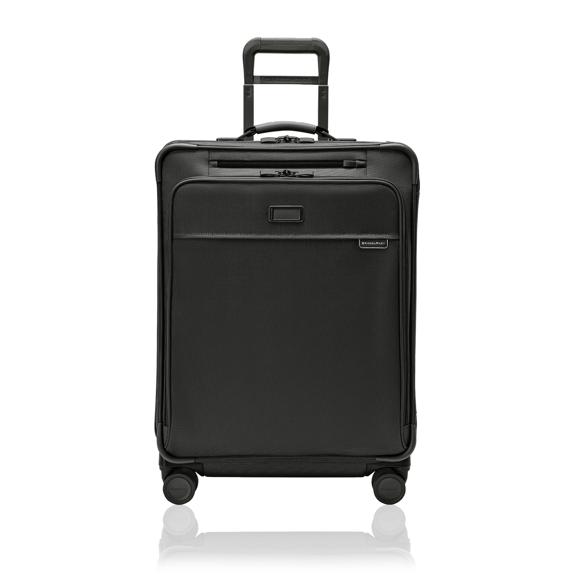 26" Medium Expandable Spinner - Checked Luggage for Travel, Suitcases with Wheels, Softside Rolling Bag for Men & Women, Self-Repairing Zipper - Baseline Collection, Black
