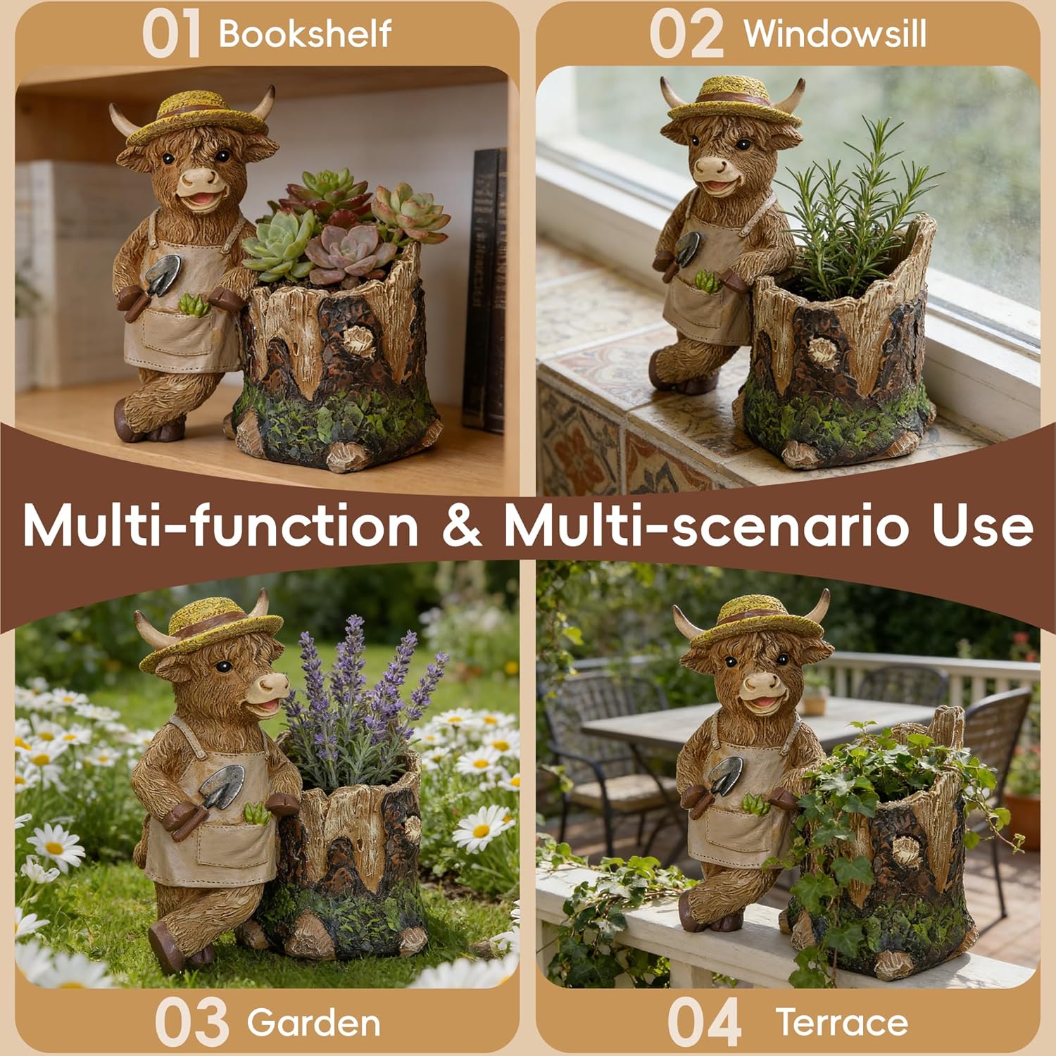 Cute Plant Pots Indoor - Cool Highland Cow Flowers Pots with Drainage,Small Flower Pot for Succulents,Cacti,Small Plants,Mini Planters for Home Desk Patio Decorations,Unique Gift for Plant Lovers