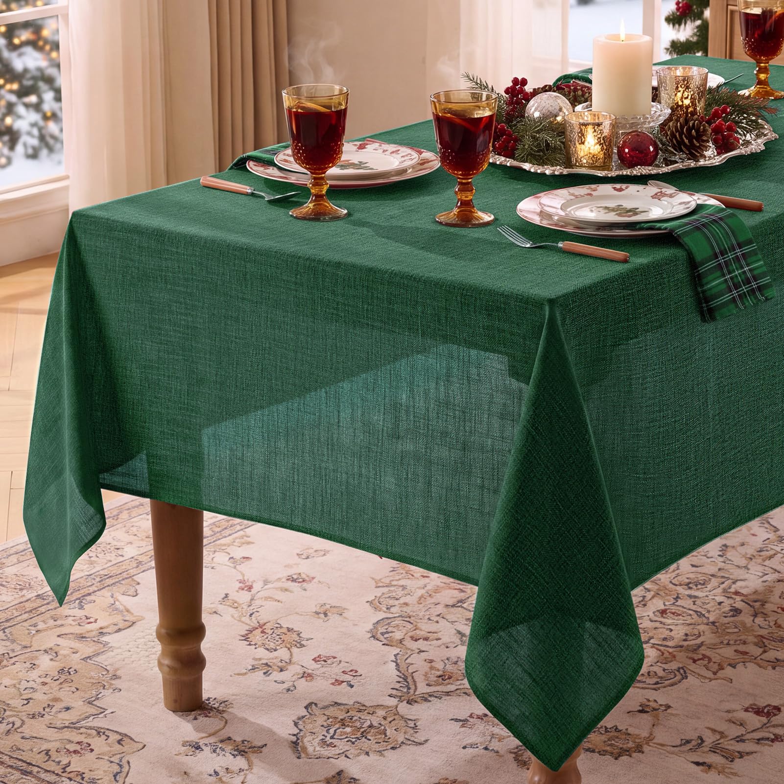 FIBORIA Xmas Table Cloth Faux Linen Christmas Tablecloth Rectangular 140 x 240 cm Dark Green Wipe Clean Water Resiatant Tablecloths for Party Banquet Indoor Decorations Kitchen Dining,55x94 inch