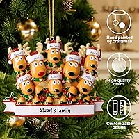 Vista 5 de Adornos de Navidad personalizados de ciervo, familia de 2, 3, 4, 5, 6, 7, 8 – Adorno de Navidad personalizable con nombre de reno, texto para árbol