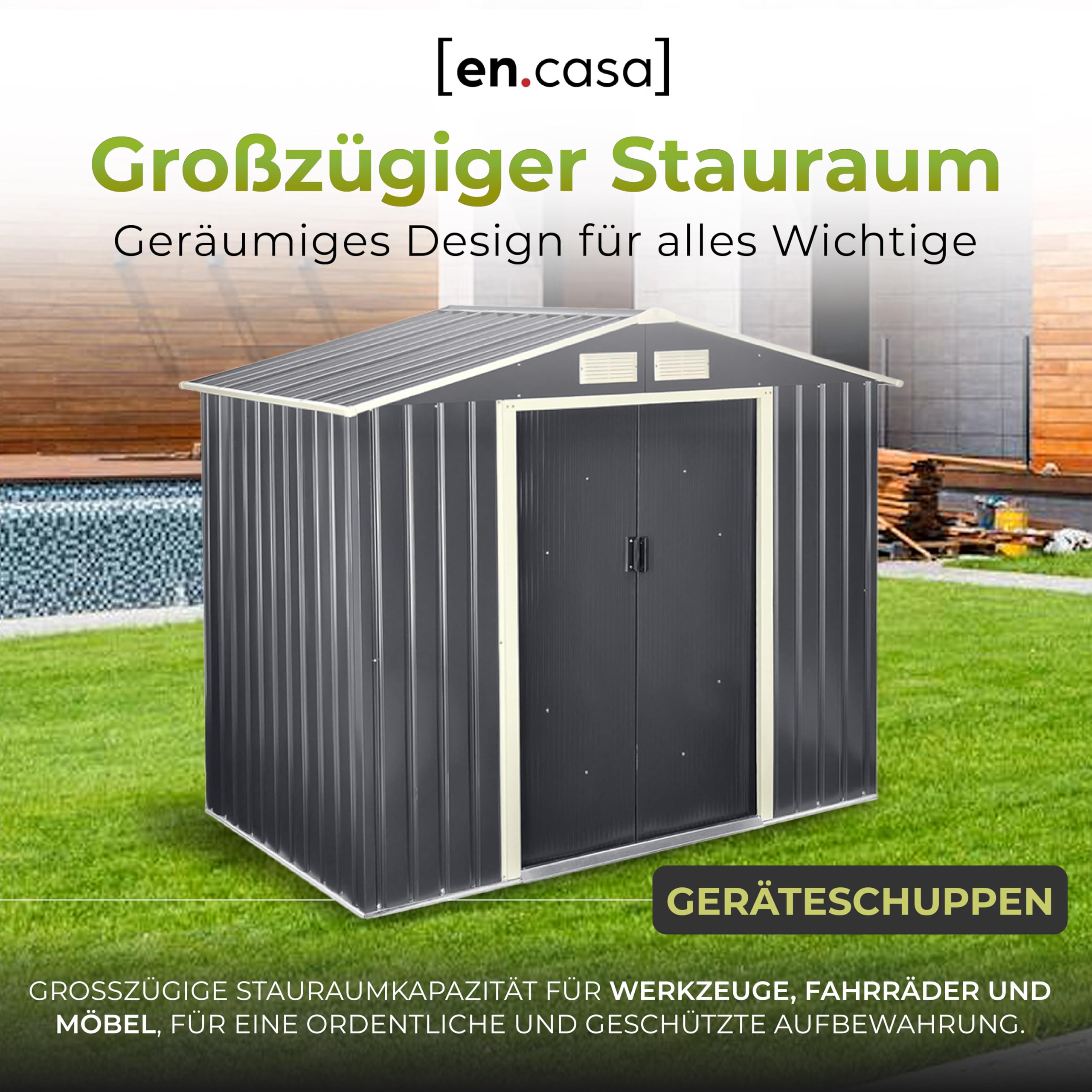 [en.casa] Geräteschuppen 213x127x185cm Gartenhaus 4 m³ mit Satteldach Metallrahmen Schuppen aus Stahlblech Abschließbar Gerätehaus 2 Schiebetür Dunkelgrau