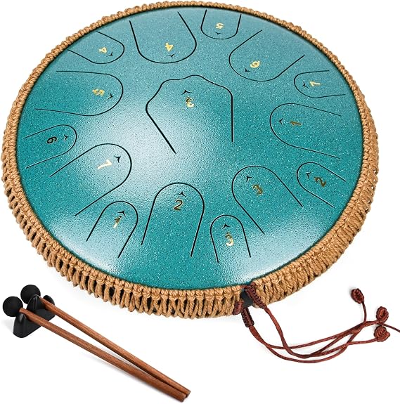 Steel Tongue Drum -14 Inch 15 Notes Tongue Drums, Handpan Drums, Steel Drum Instrument for Adults, Rubber Xylophone Mallet Percussion with Wood Handle, Bell Mallets Glockenspiel Sticks
