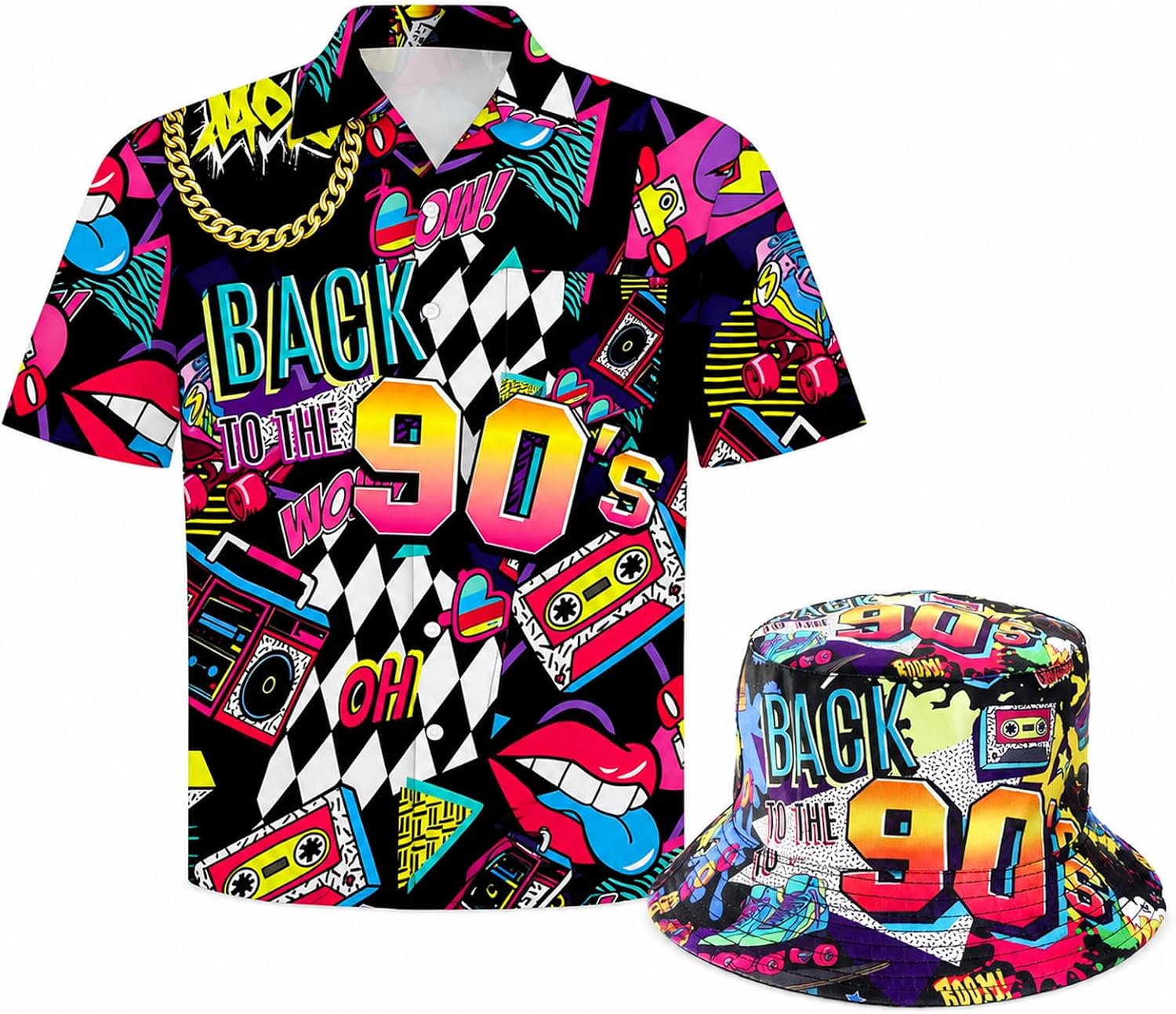 80s 90s Outfit Hip Hop Costume Mens Hawaiian Shirts Bucket Hat Neon Disco Halloween Party Costume Clothes