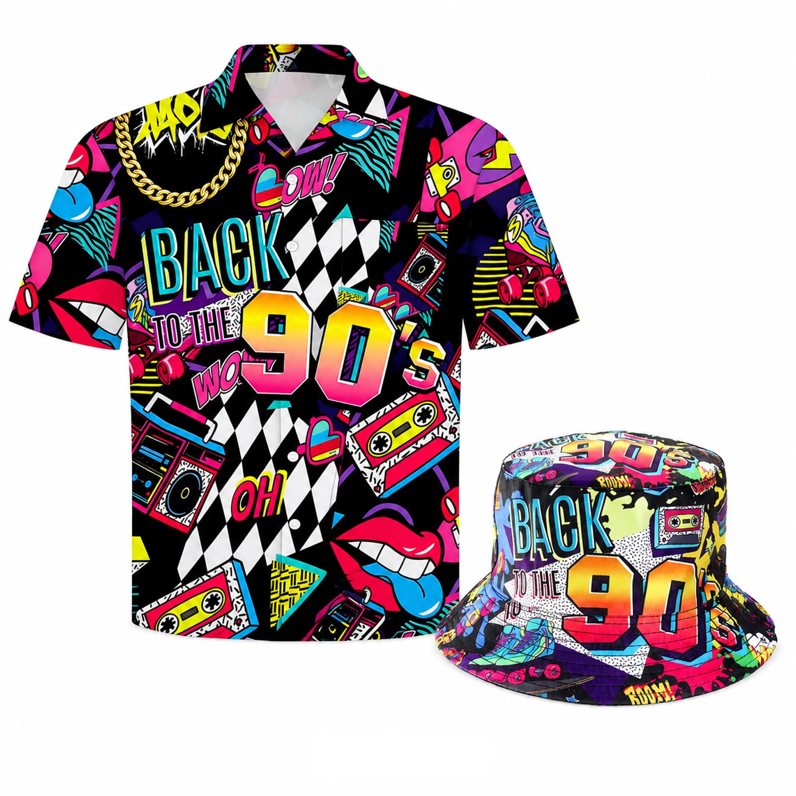 PANMAY Hip Hop Costume Outfit Set for Adults 2Pcs 80s 90s Outfit Retro Button Shirts Hawaiian Shirts Hat for Beach Stag Do Festival Pub Party(80s,M)