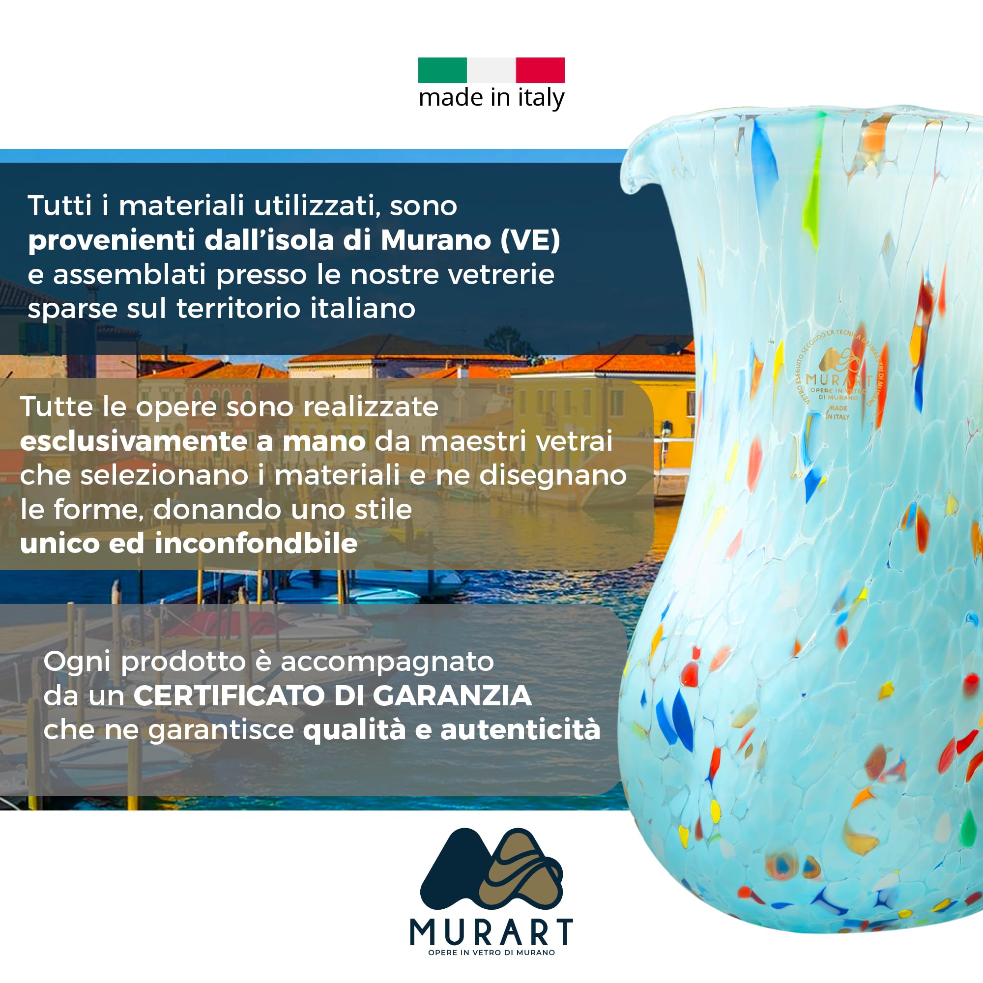 MurArt Brocca in Vetro di Murano Set da 6 bicchieri da 1000ml Collezione Onde in vetro soffiato a mano in lavorazione artigianale Made in Italy (Celeste, Brocca)