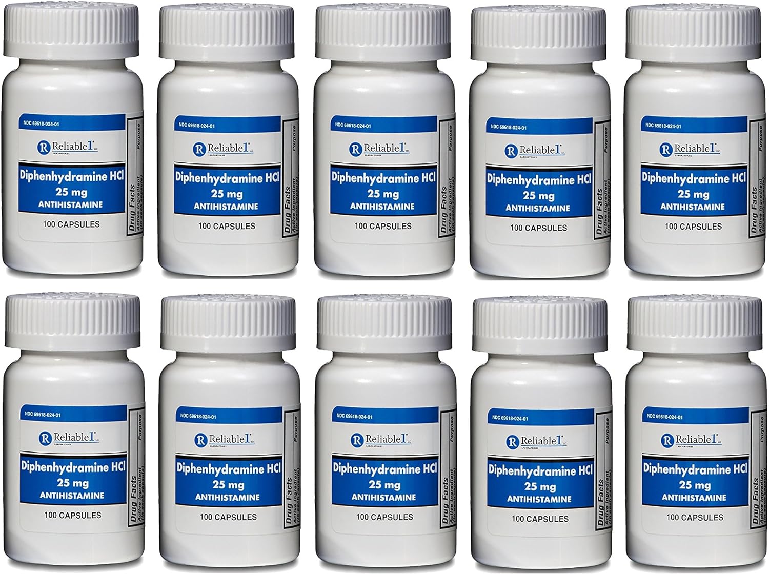 Diphenhydramine 25 mg Generic Benadryl Allergy Medicine and Antihistamine 100 Capsules per Bottle Pack of 10