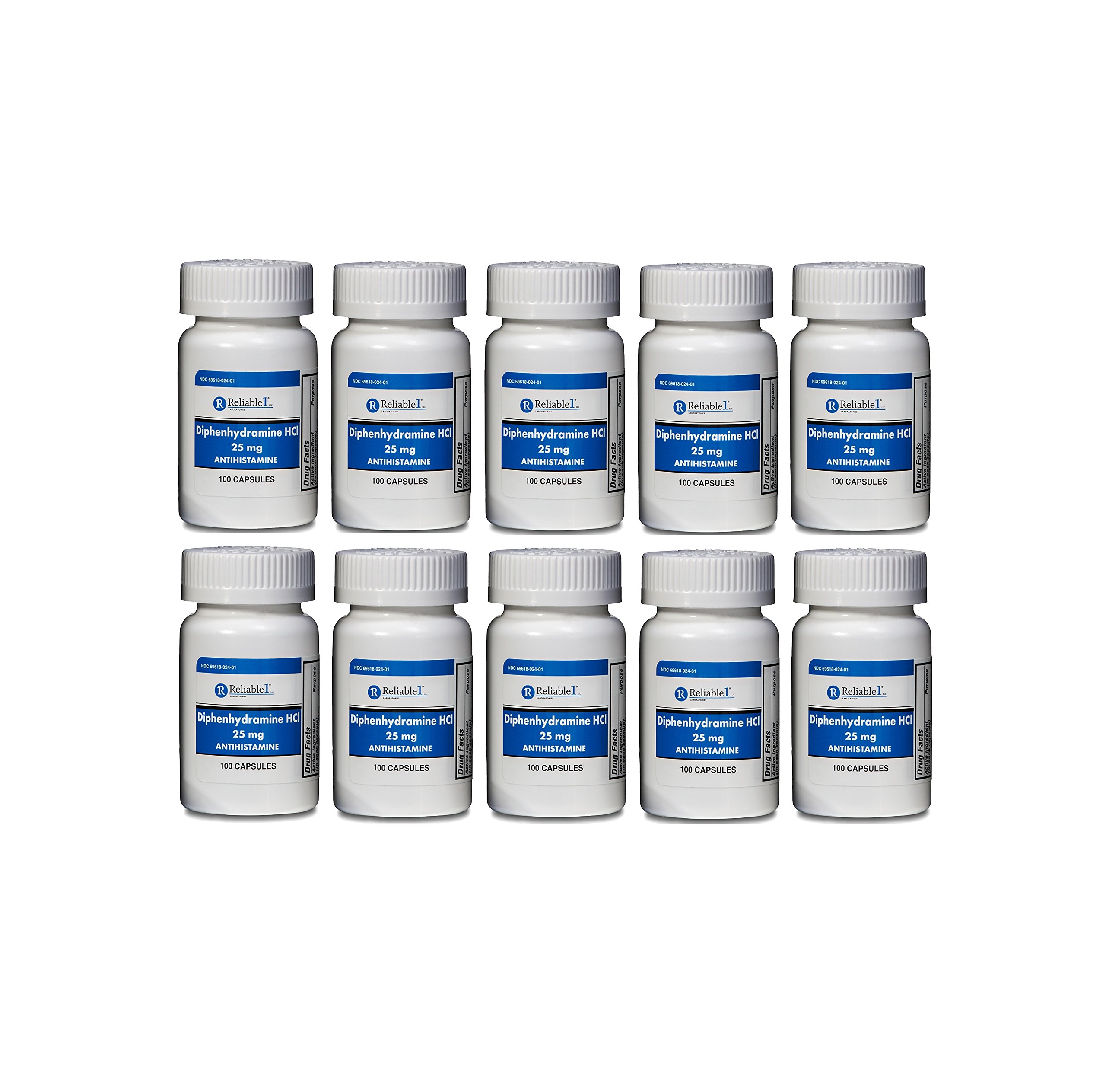 Diphenhydramine 25 mg Generic Benadryl Allergy Medicine and Antihistamine 100 Capsules per Bottle Pack of 10