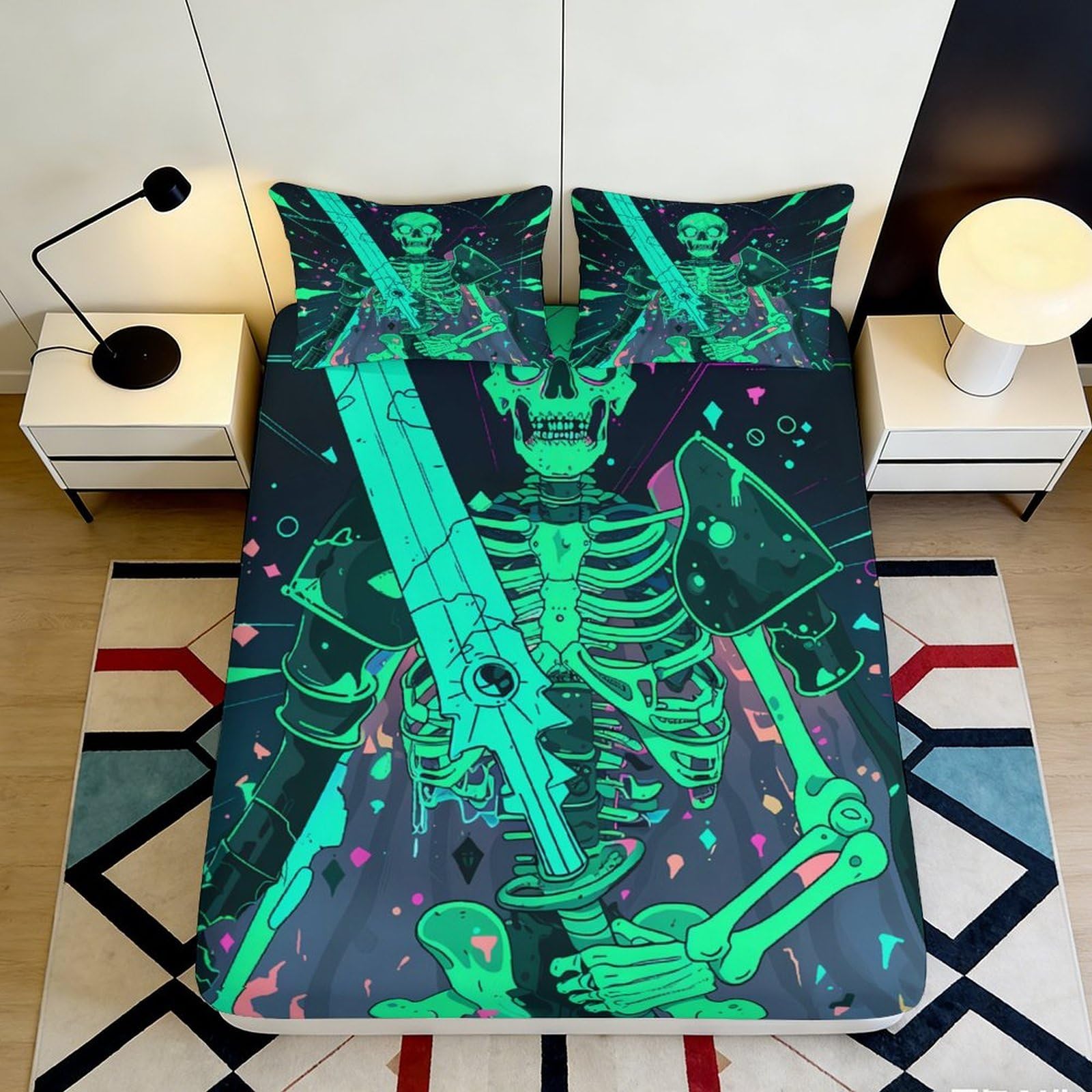 3D Printed Neon Skeleton Fitted Sheet Microfiber Soft Glow in Dark Skull Bed Cover for Bedroom Dorm Decor 90x200x25cm