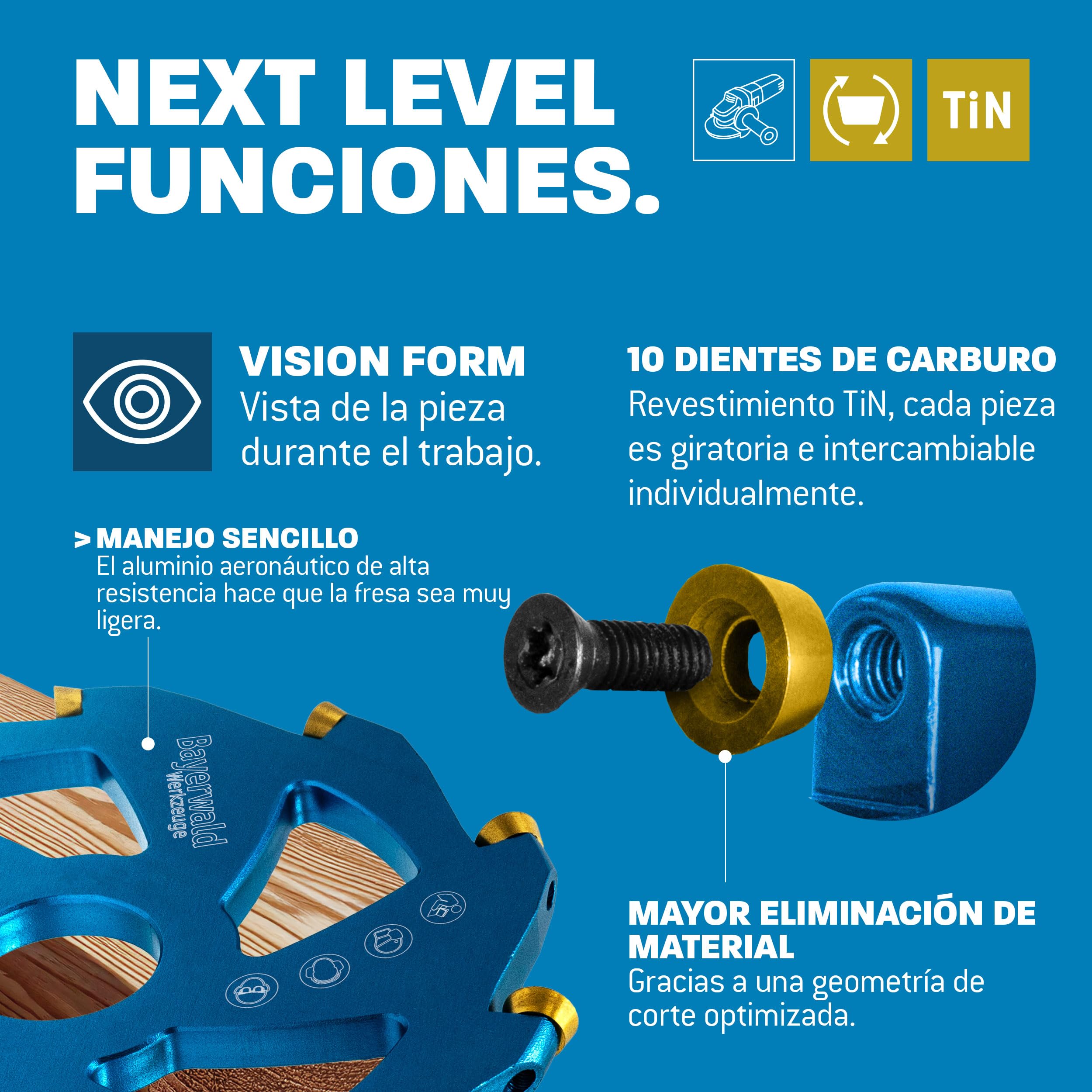 Bayerwald NeoCarver 10 Vision V2 - Disco de fresado de metal duro para madera - Fresa para tallar madera de aluminio para amoladora angular para separar, lijar, desbastar, etc. - Diámetro de 115 mm x